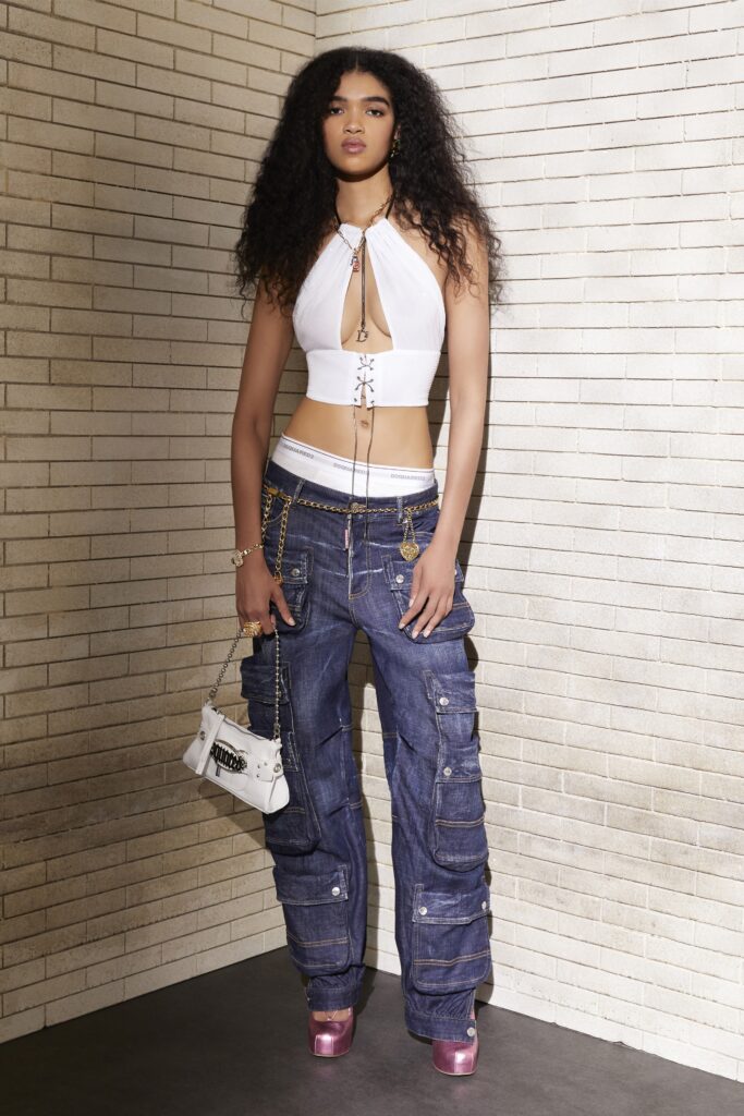 white halter top and blue cargo pants