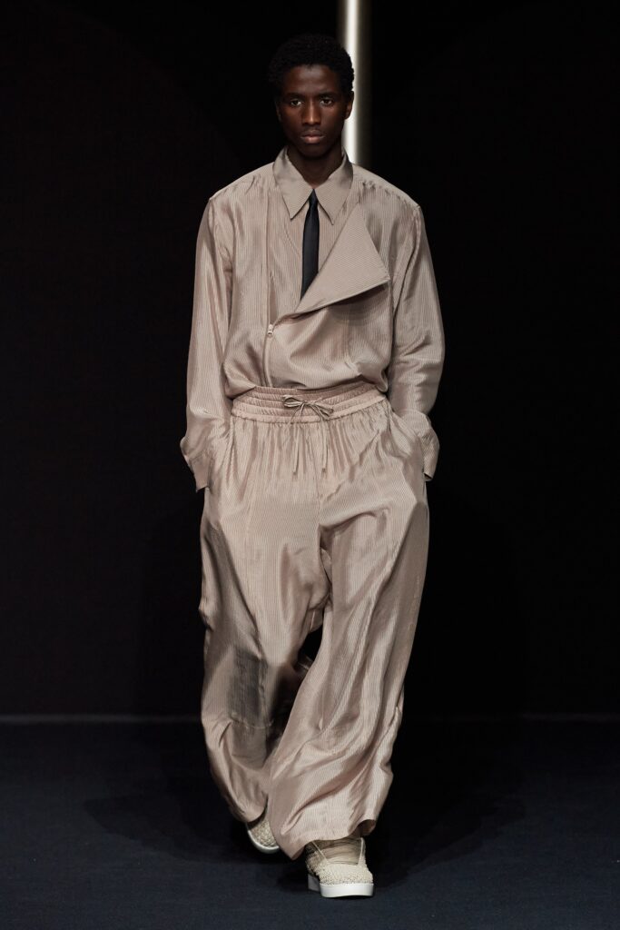 beige silk relaxed shirt and pants