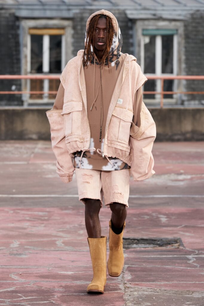 oversized beige hoodie and pink jacket