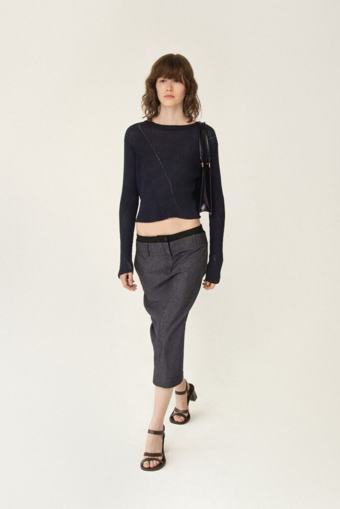 blue fitted cropped top with gray pencil skirt