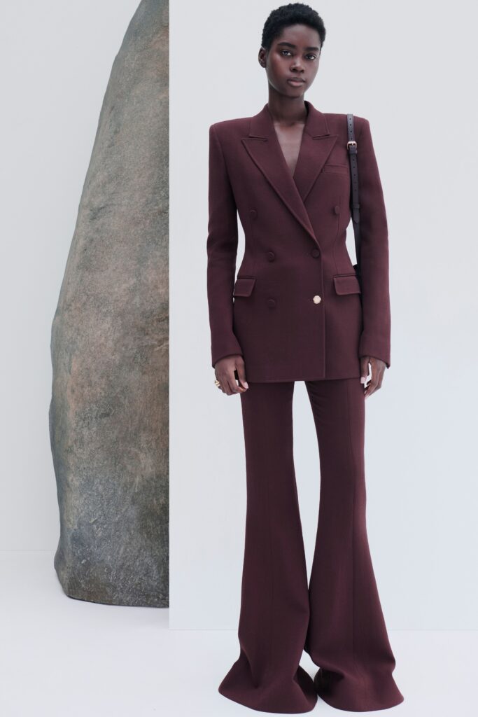 maroon tailored blazer and flared pants