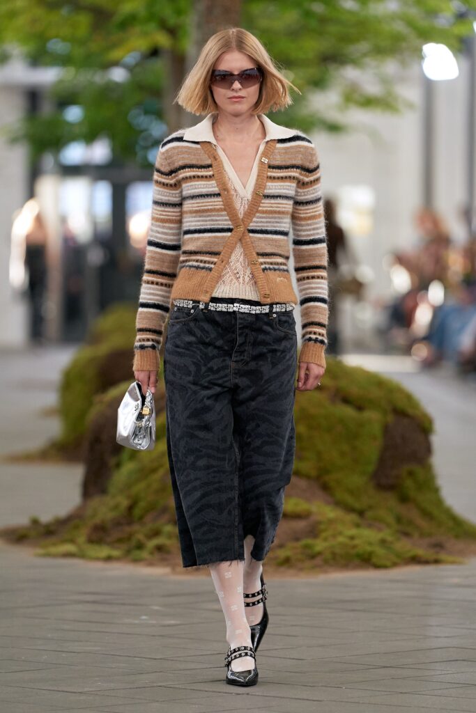 beige striped cardigan with wide-leg pants