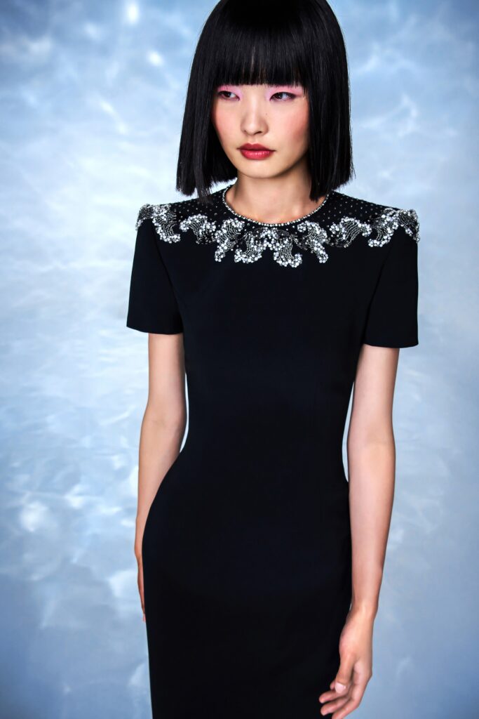 A fitted black dress with short sleeves and embroidered detailing around the neckline.