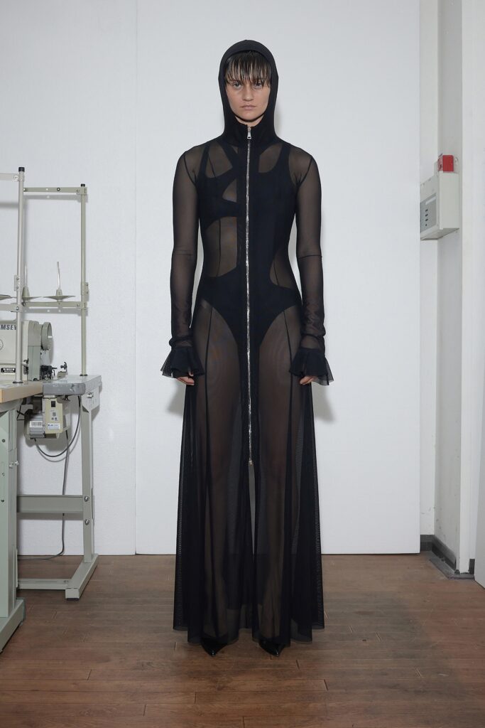 A fitted black sheer dress with long sleeves and an asymmetric design.
