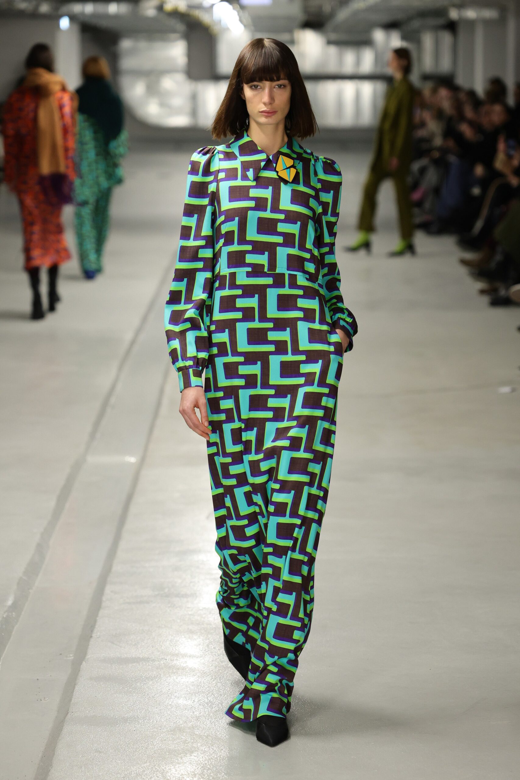 printed maxi dress in green and purple