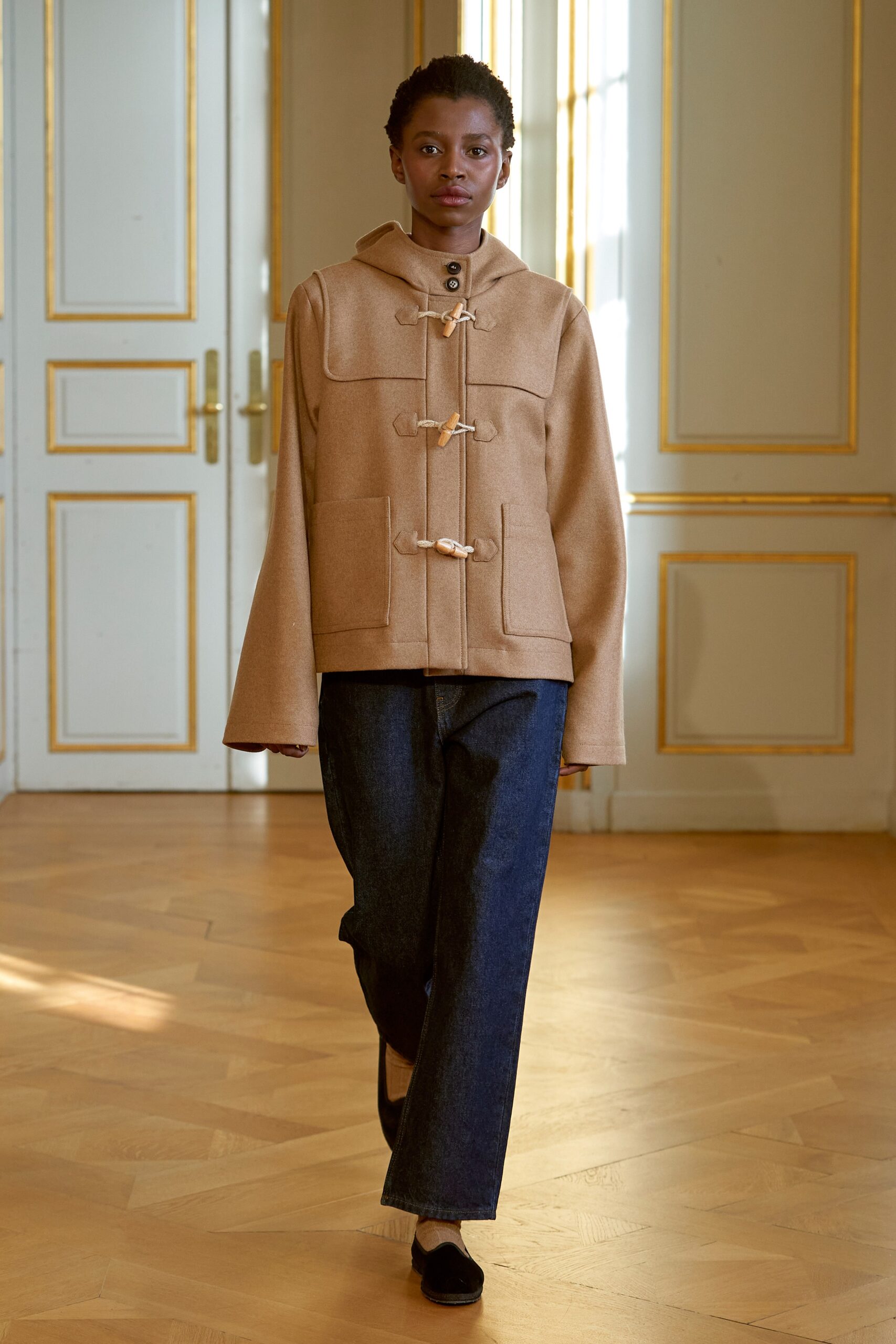 beige wool jacket with denim pants