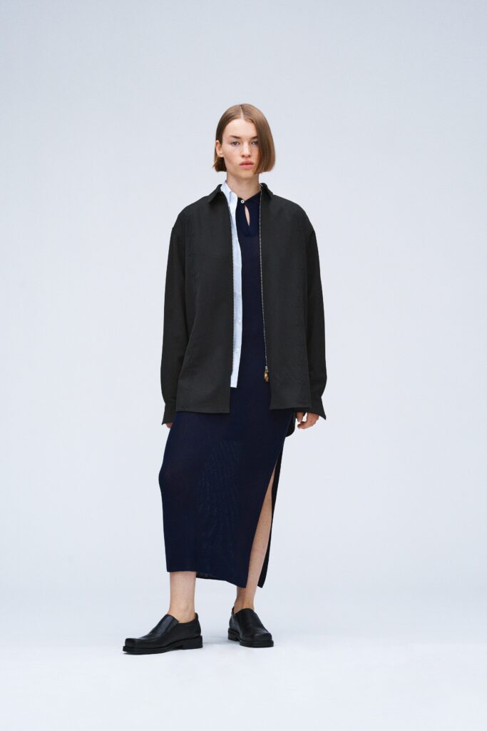 black shirt and navy dress