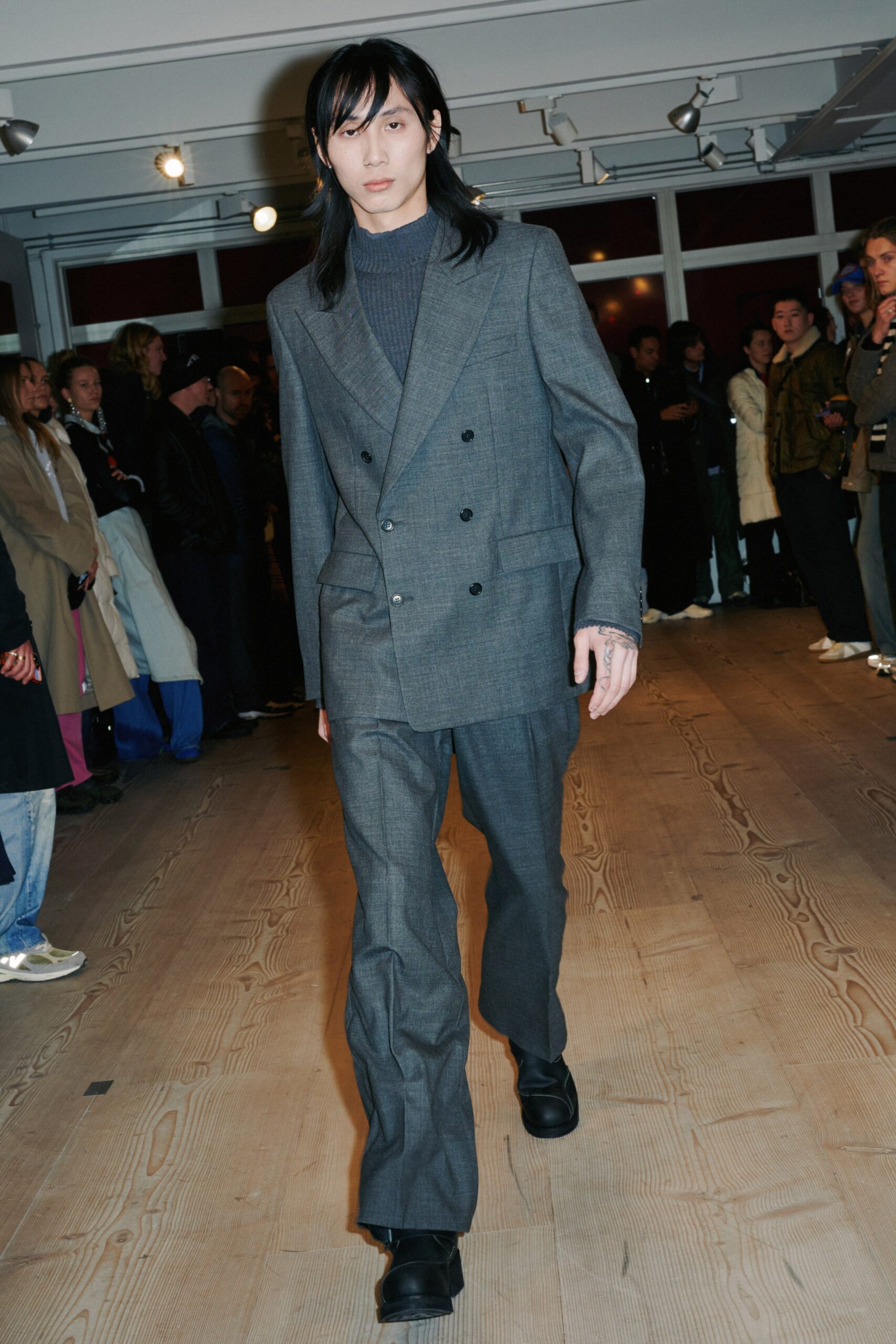 gray tailored suit with leather shoes