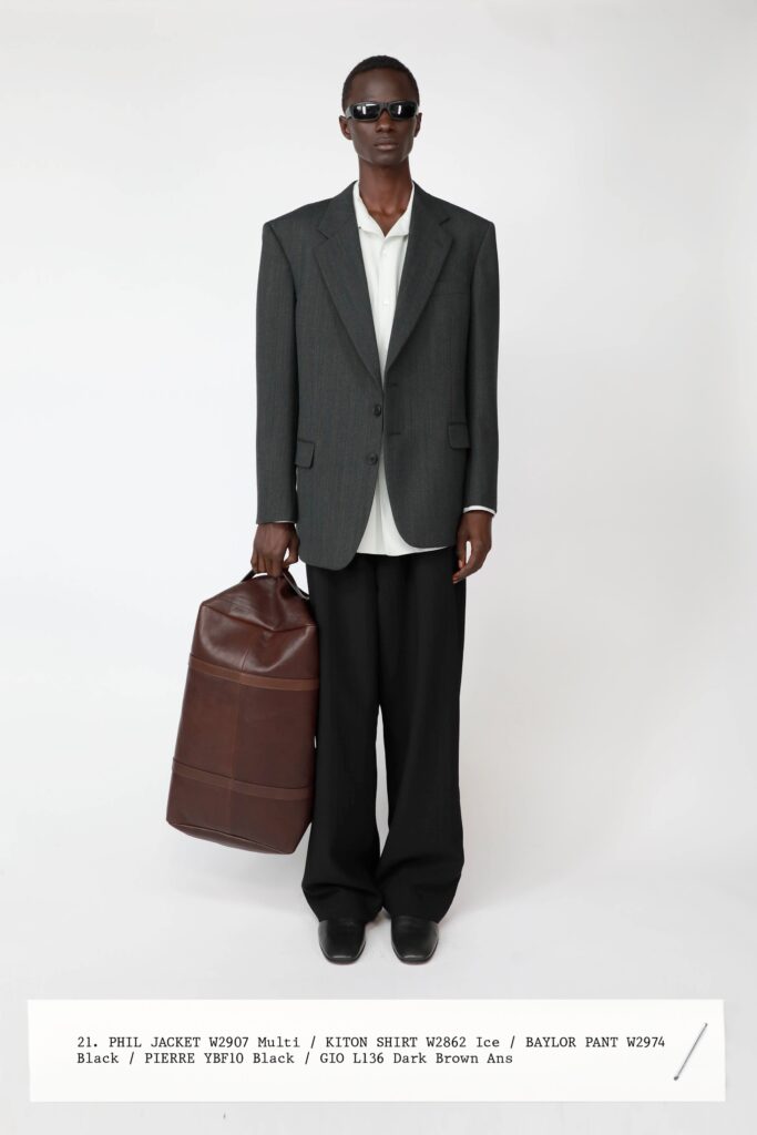 A relaxed gray jacket with long sleeves and collared design paired with black wide-leg pants.