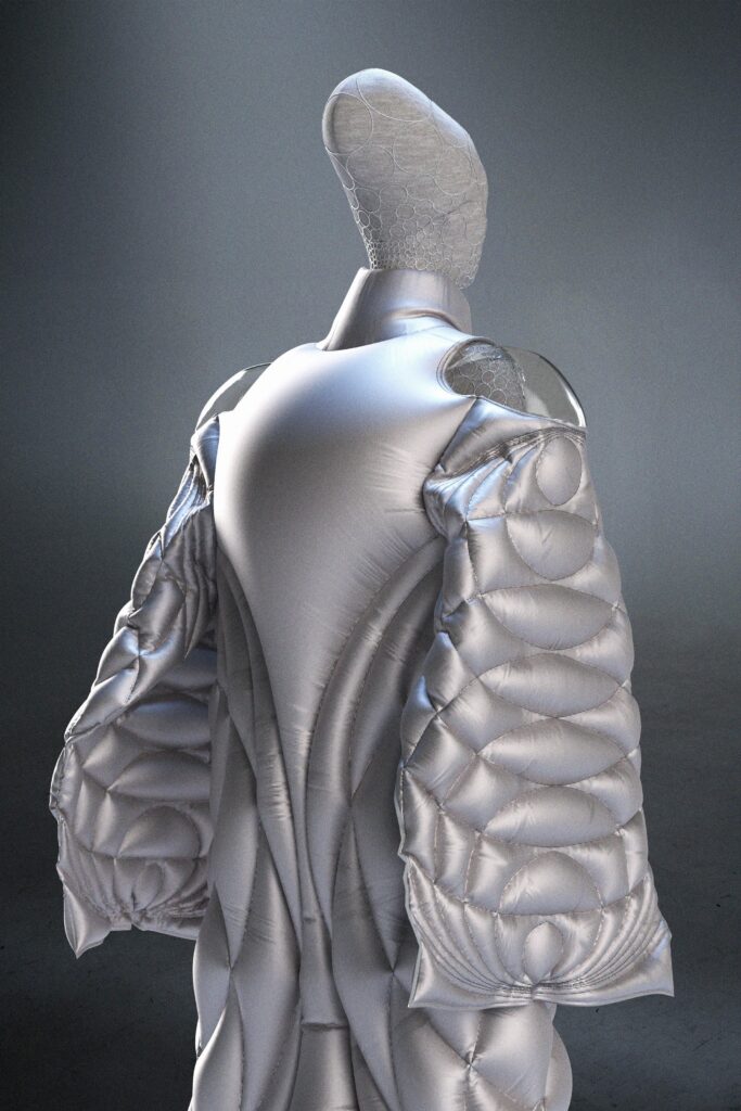 A relaxed silver silk dress with long sleeves and a high neckline featuring puffed details.