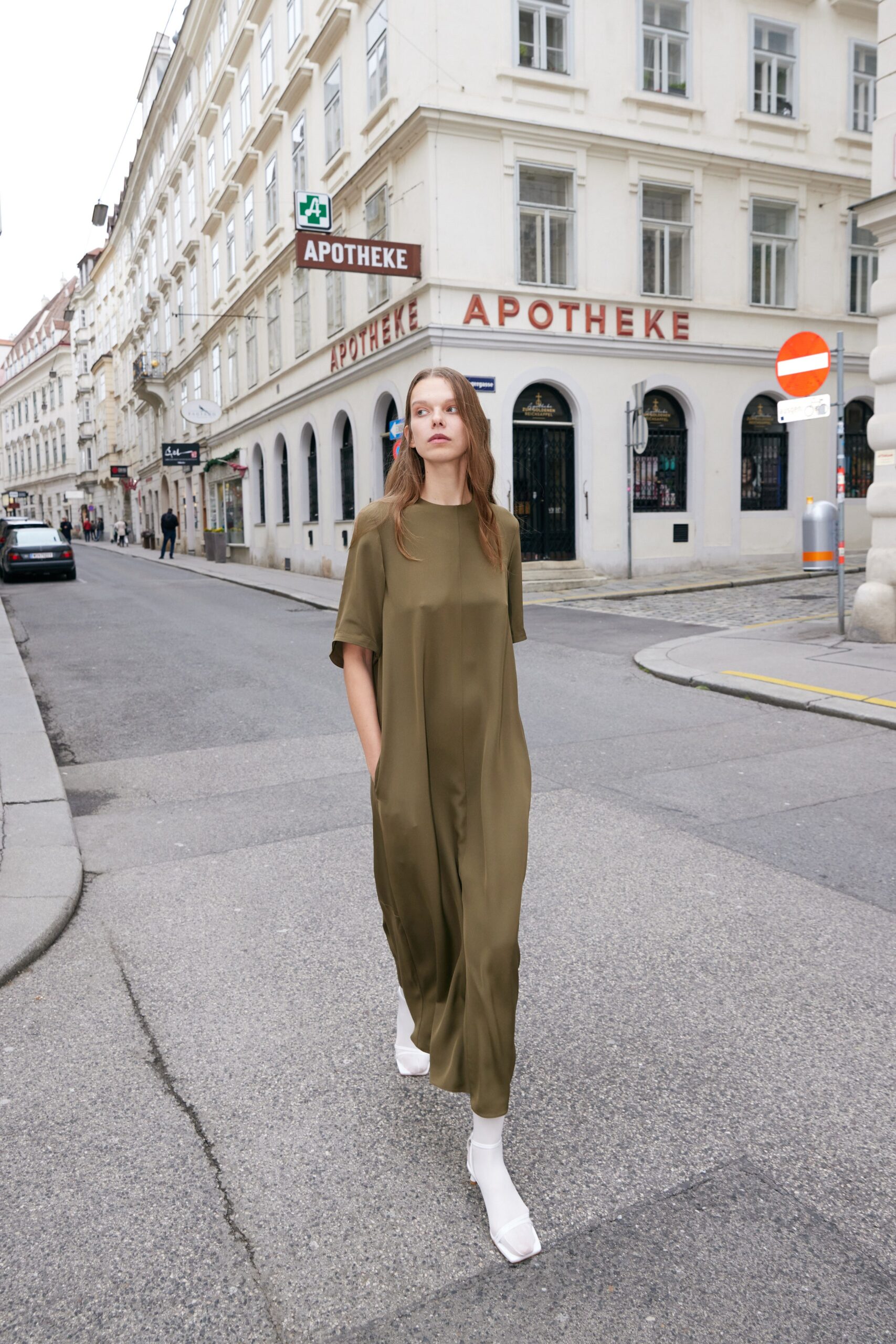 green silk relaxed midi dress