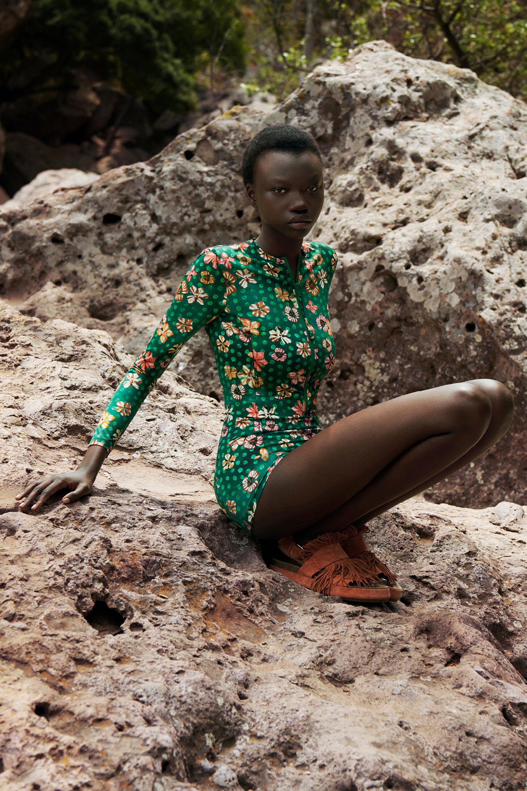 green floral fitted romper