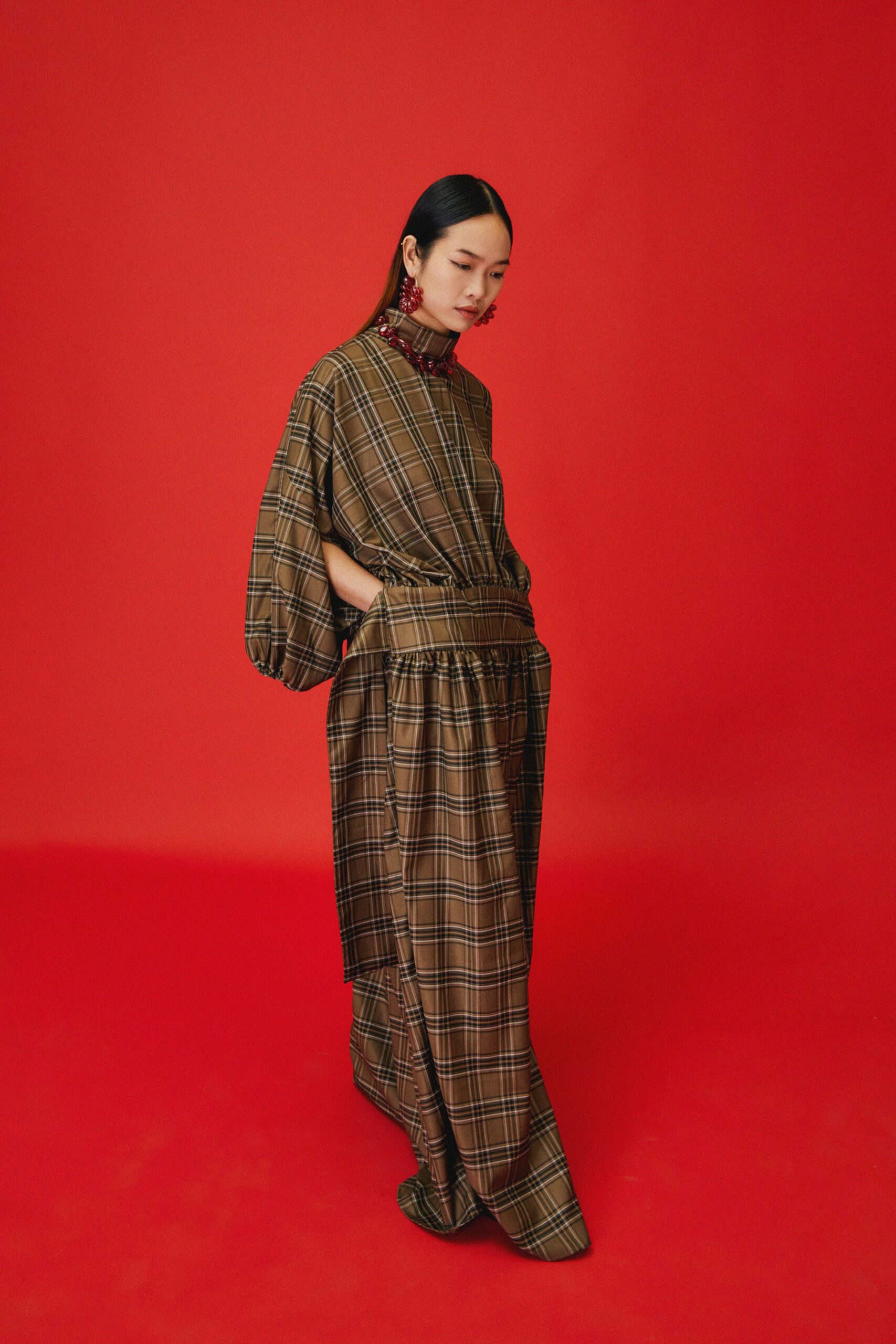 brown beige relaxed long-sleeve dress