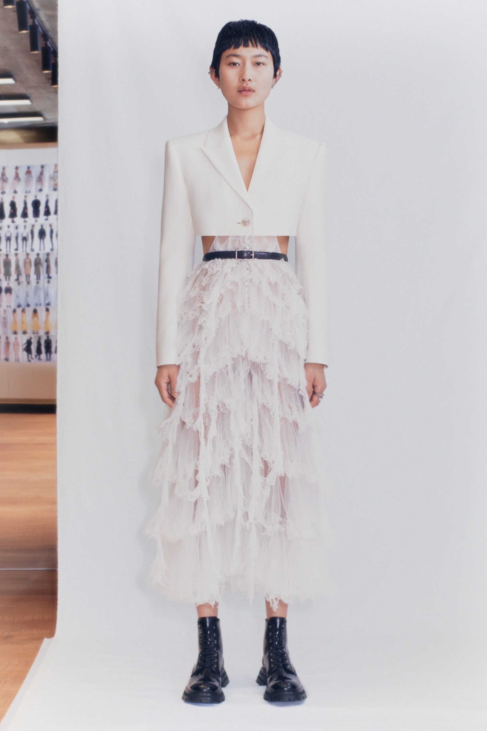 white tailored blazer and tiered skirt