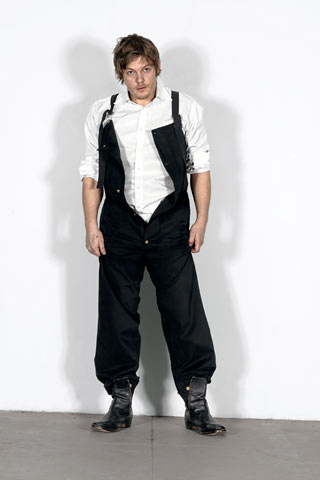 black denim overalls with white shirt