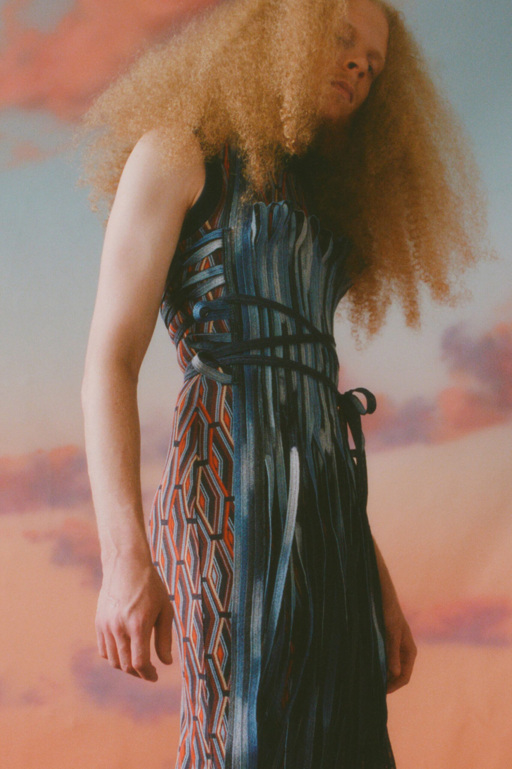 This fitted sleeveless dress showcases a striking multi-colored design, featuring a dynamic layered effect that adds depth and movement. The asymmetric elements create an intriguing silhouette, enhancing the visual interest and contemporary flair of the piece.
