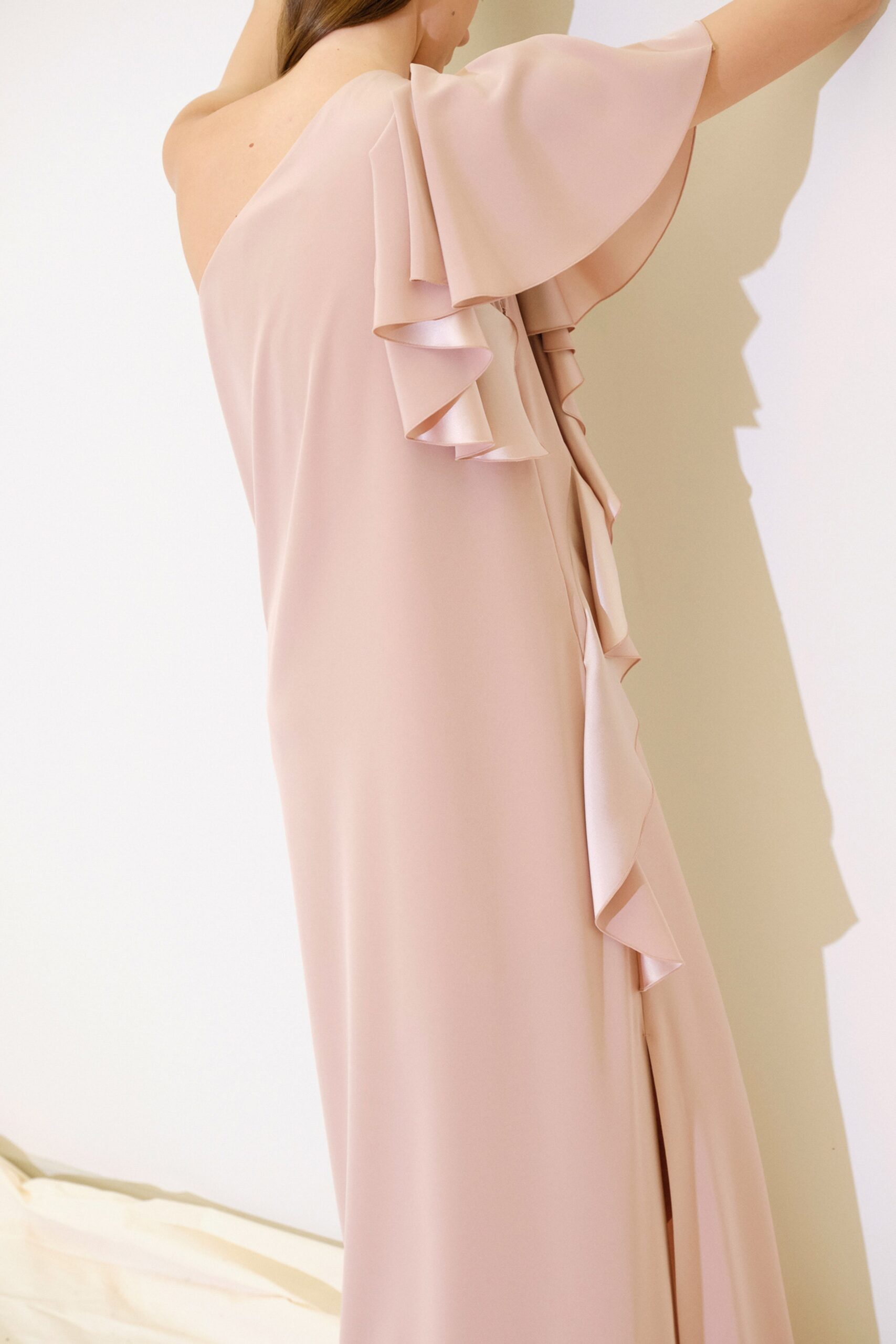 pink silk ruffled maxi dress