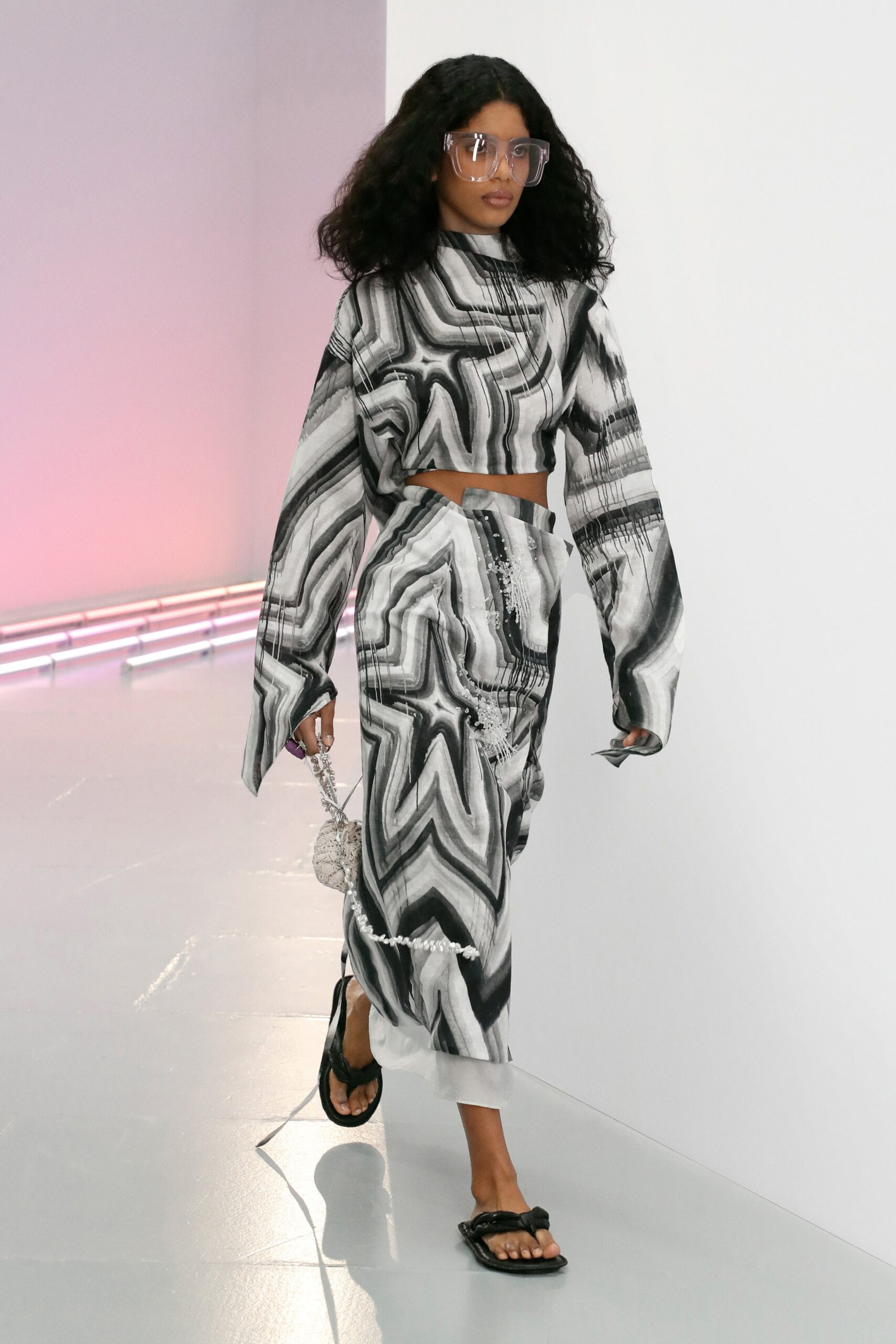 black and white printed crop-top and skirt