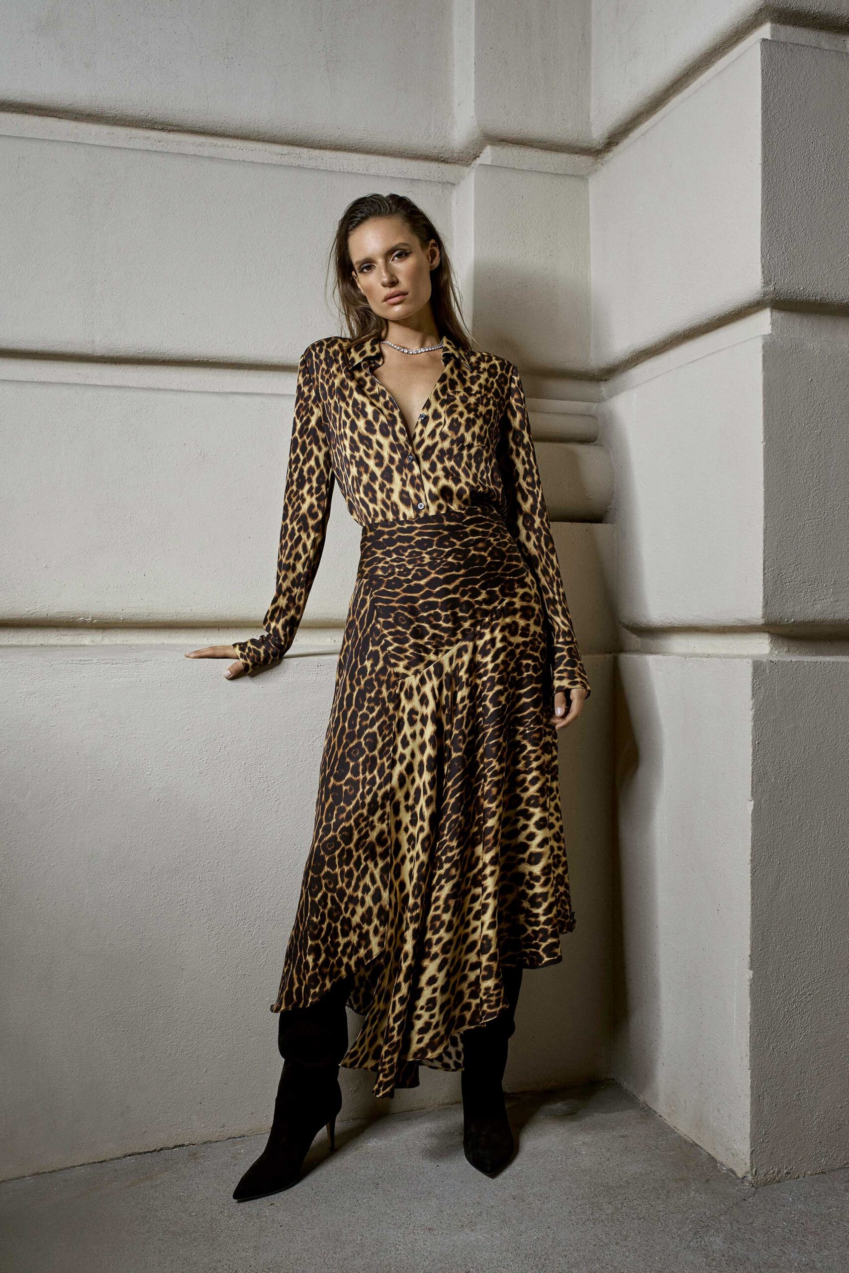 brown and black animal-print midi dress