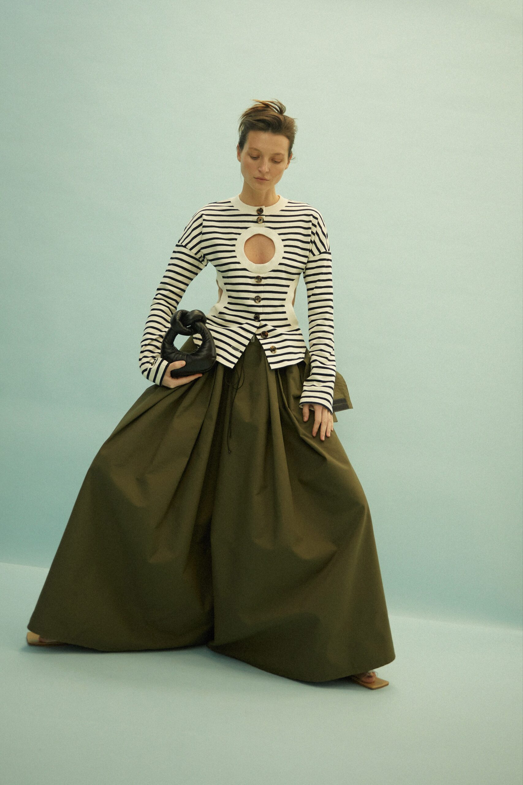 green cotton relaxed pleated maxi skirt