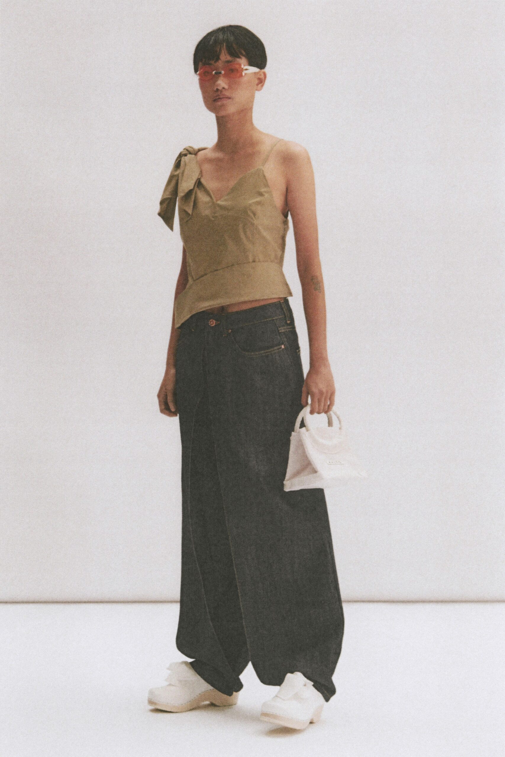 beige fitted top with wide-leg pants