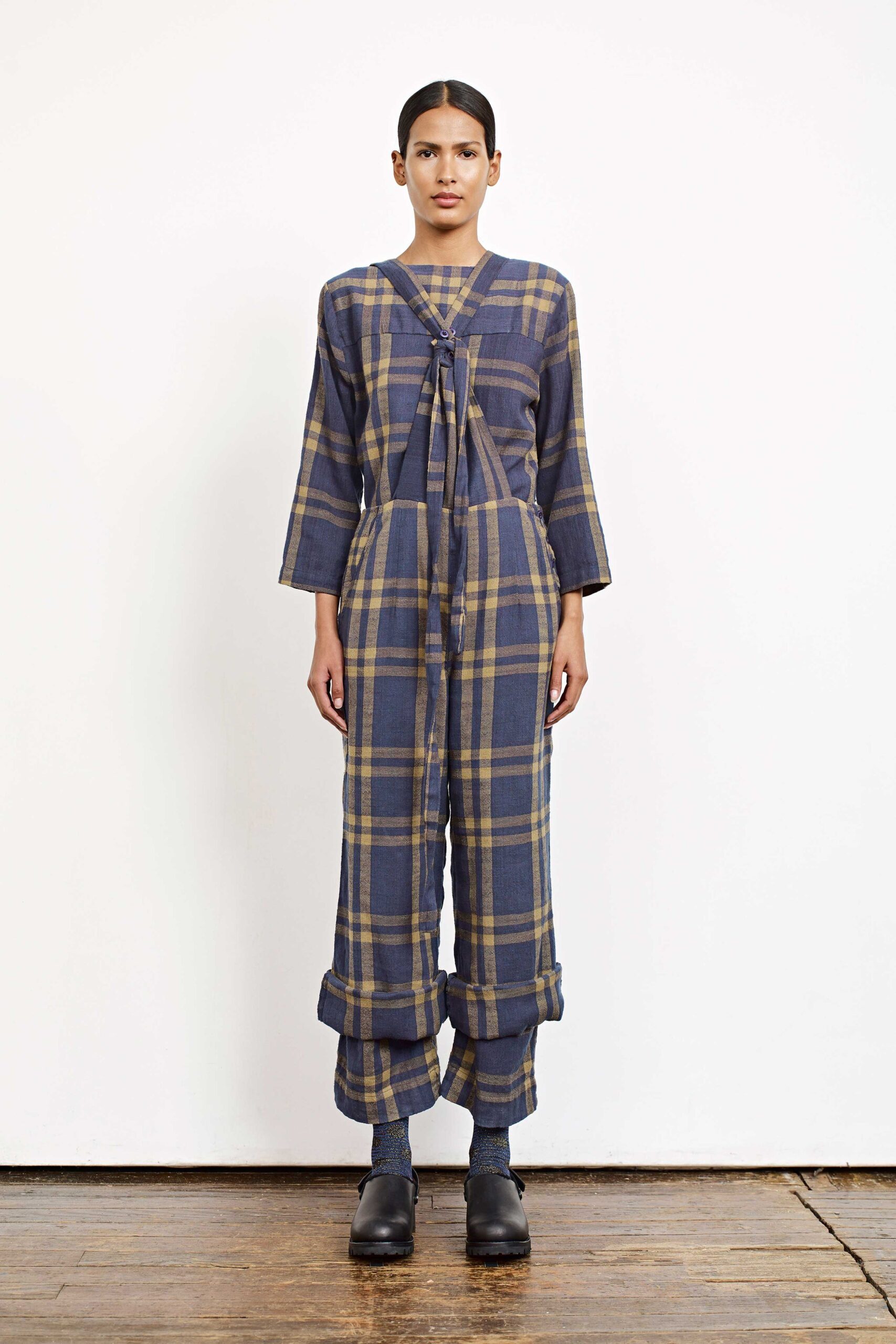 blue and yellow plaid jumpsuit