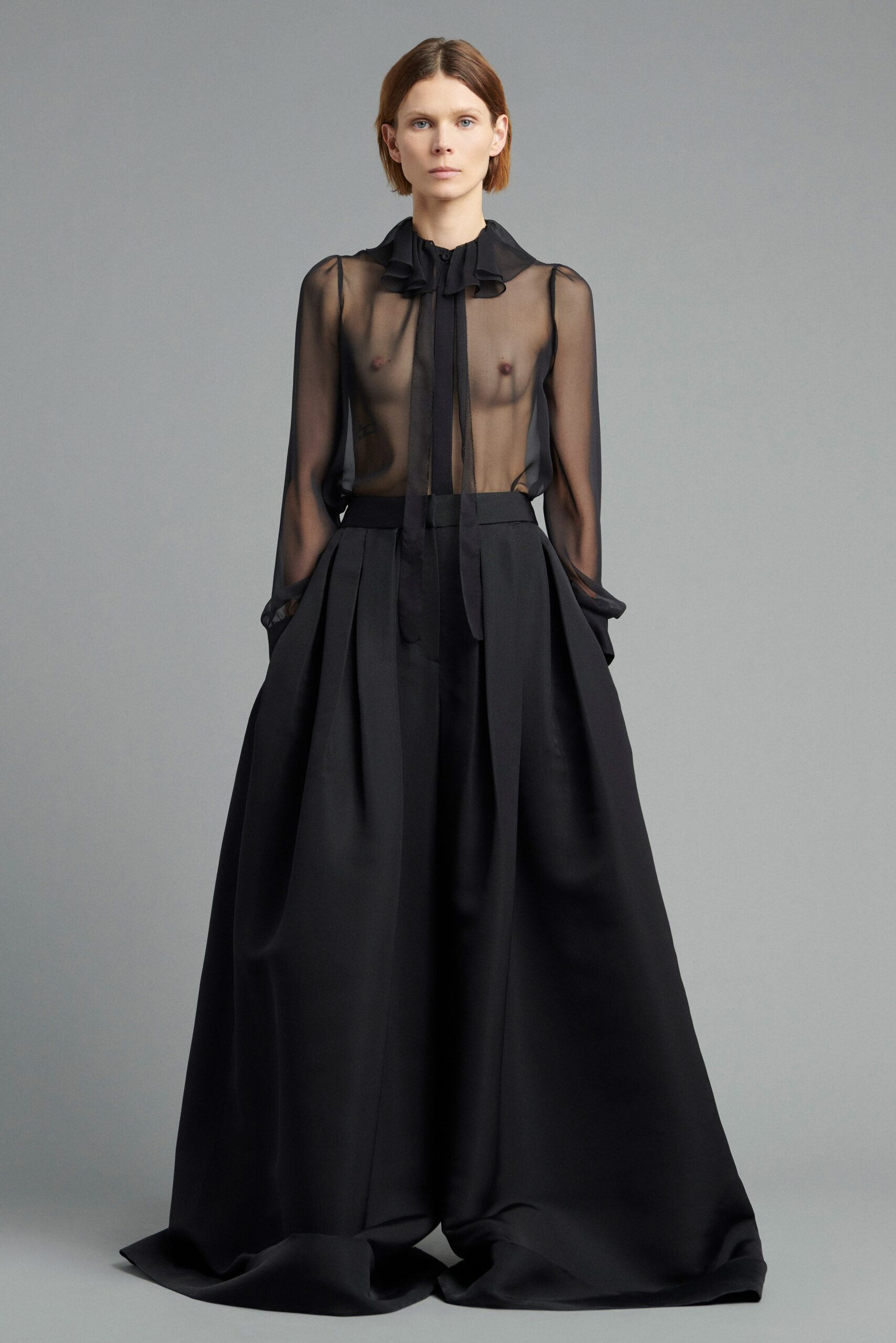 black silk long-sleeve collared fitted sheer flowing blouse