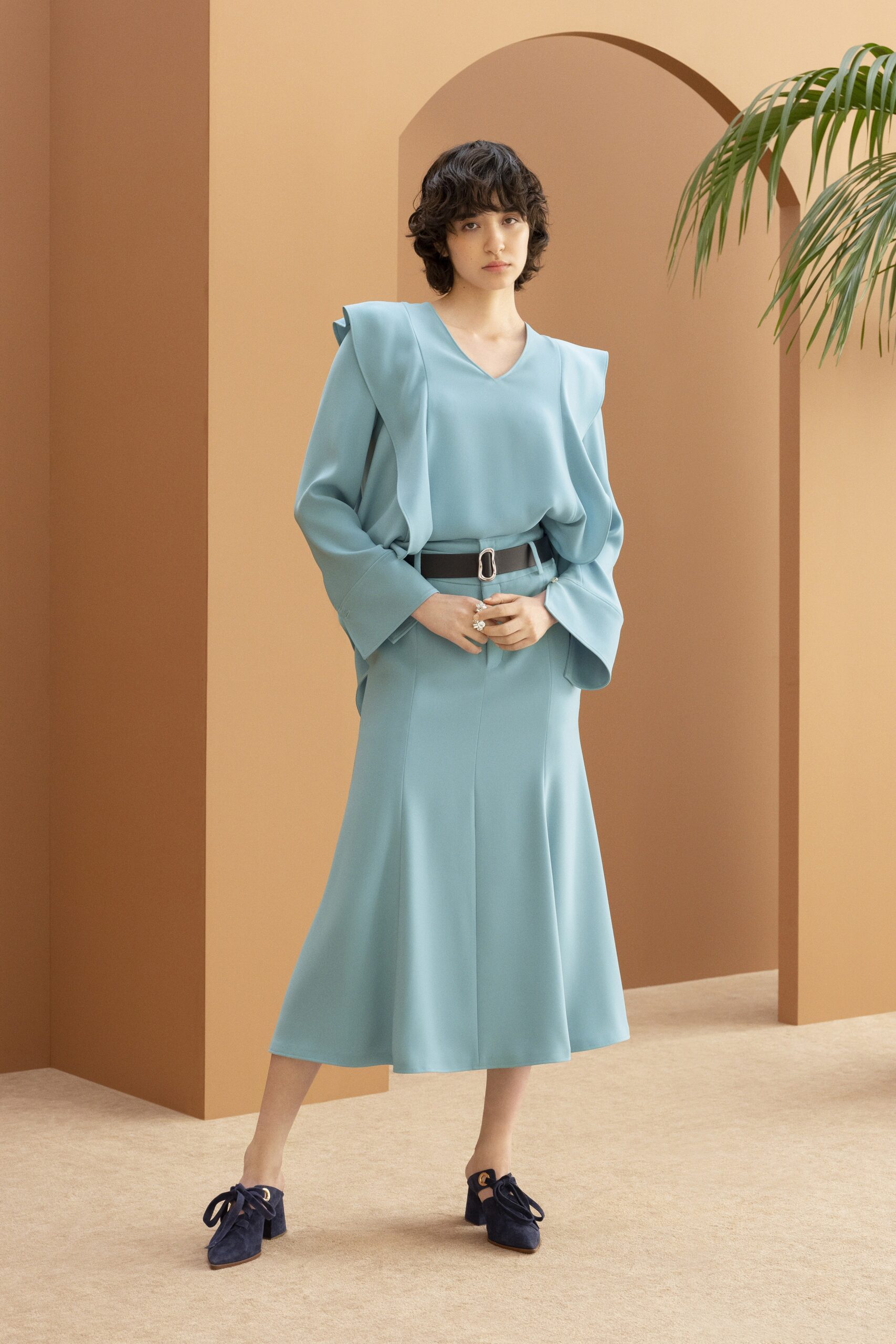 blue silk long-sleeve dress