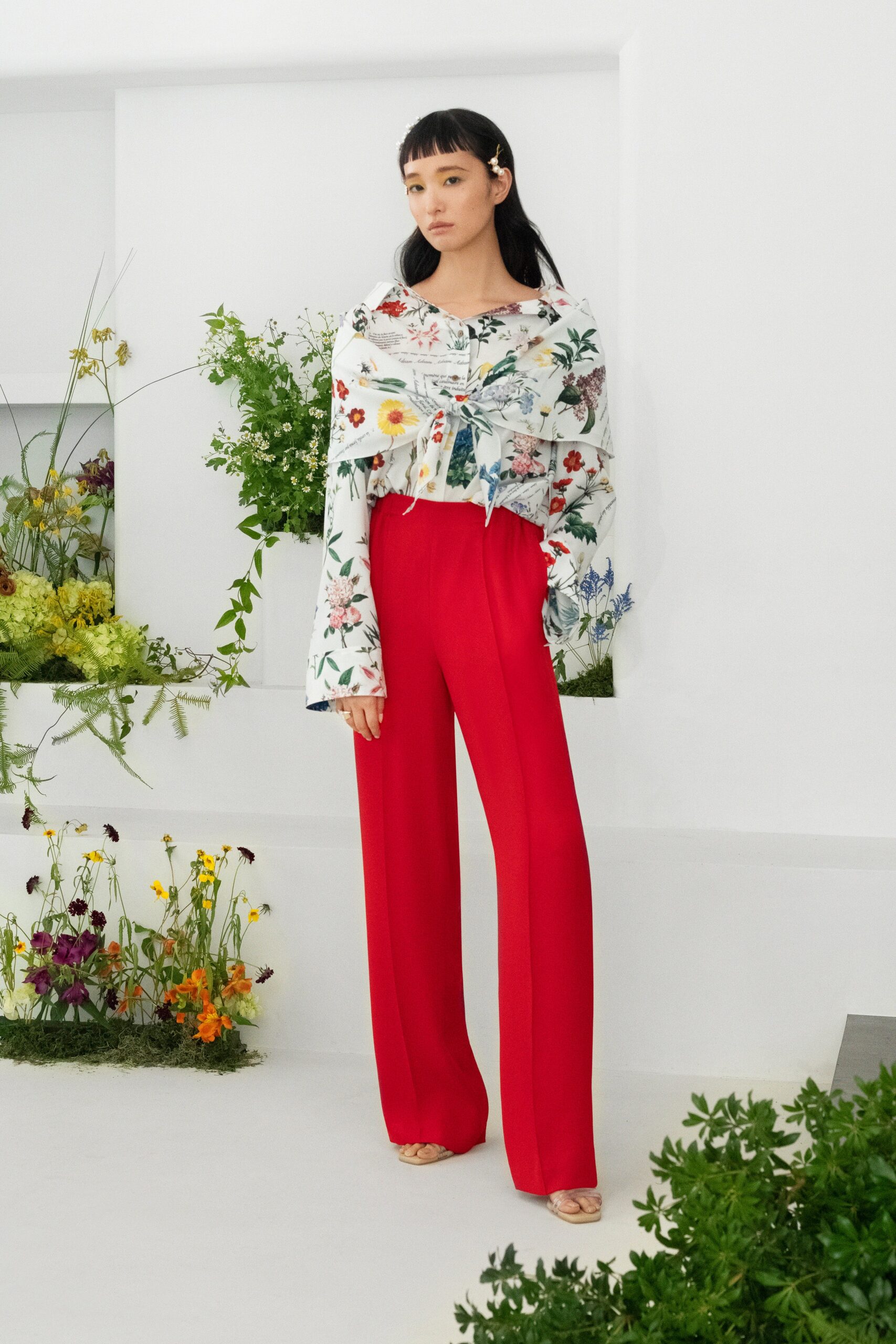 floral cropped top with red pants