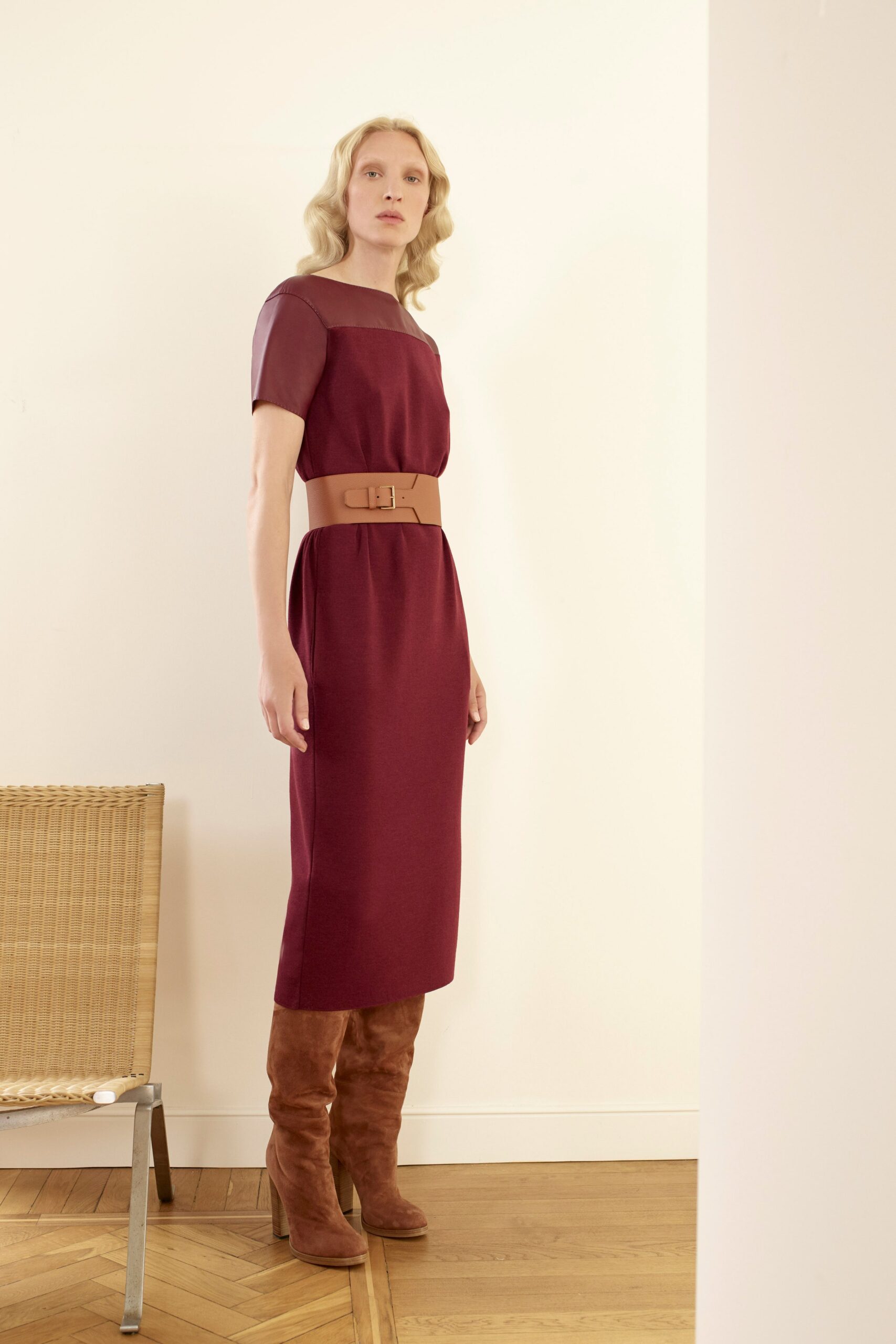 maroon cotton short-sleeve square-neck fitted pencil midi dress