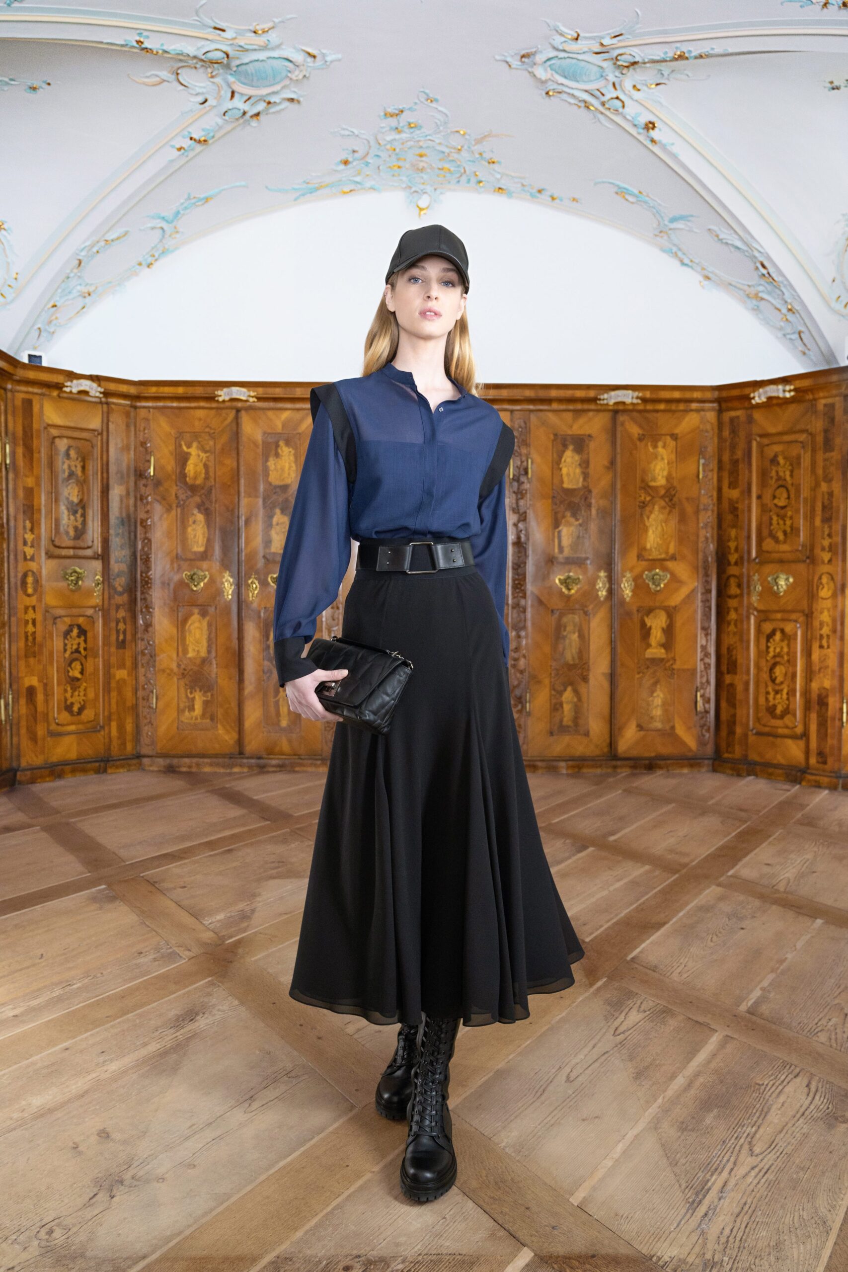 black silk fitted high-waisted flared midi skirt