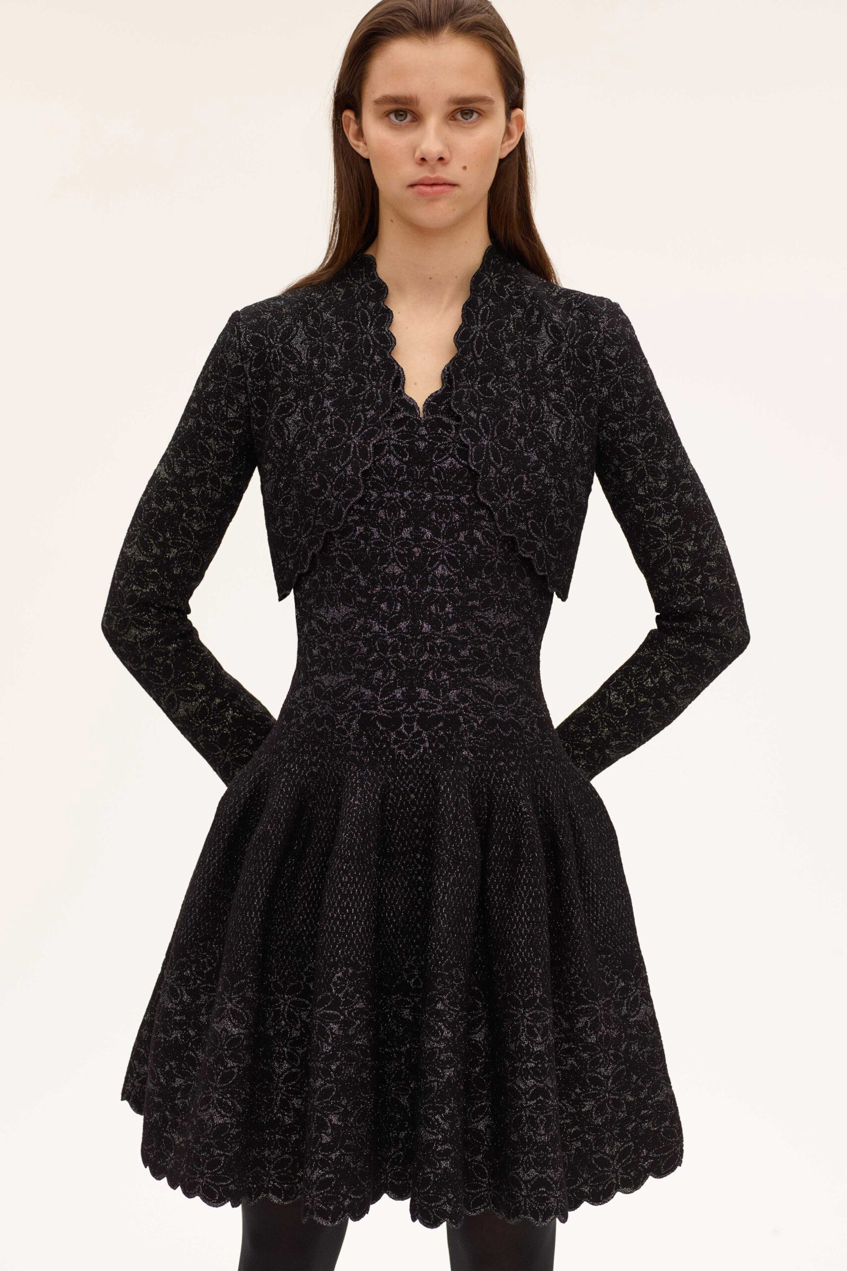 black lace long-sleeve collared fitted jacket