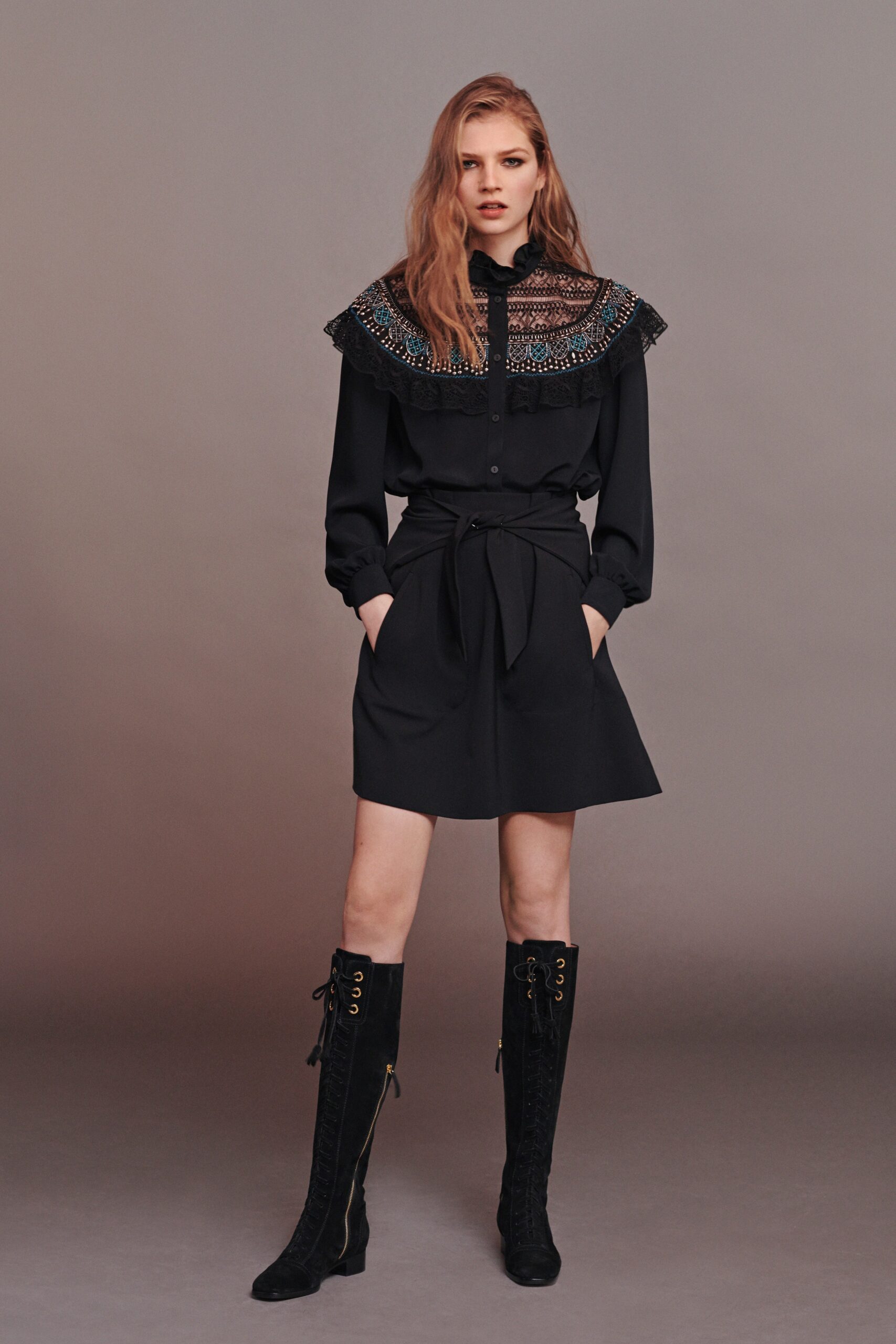black belted mini dress with boots