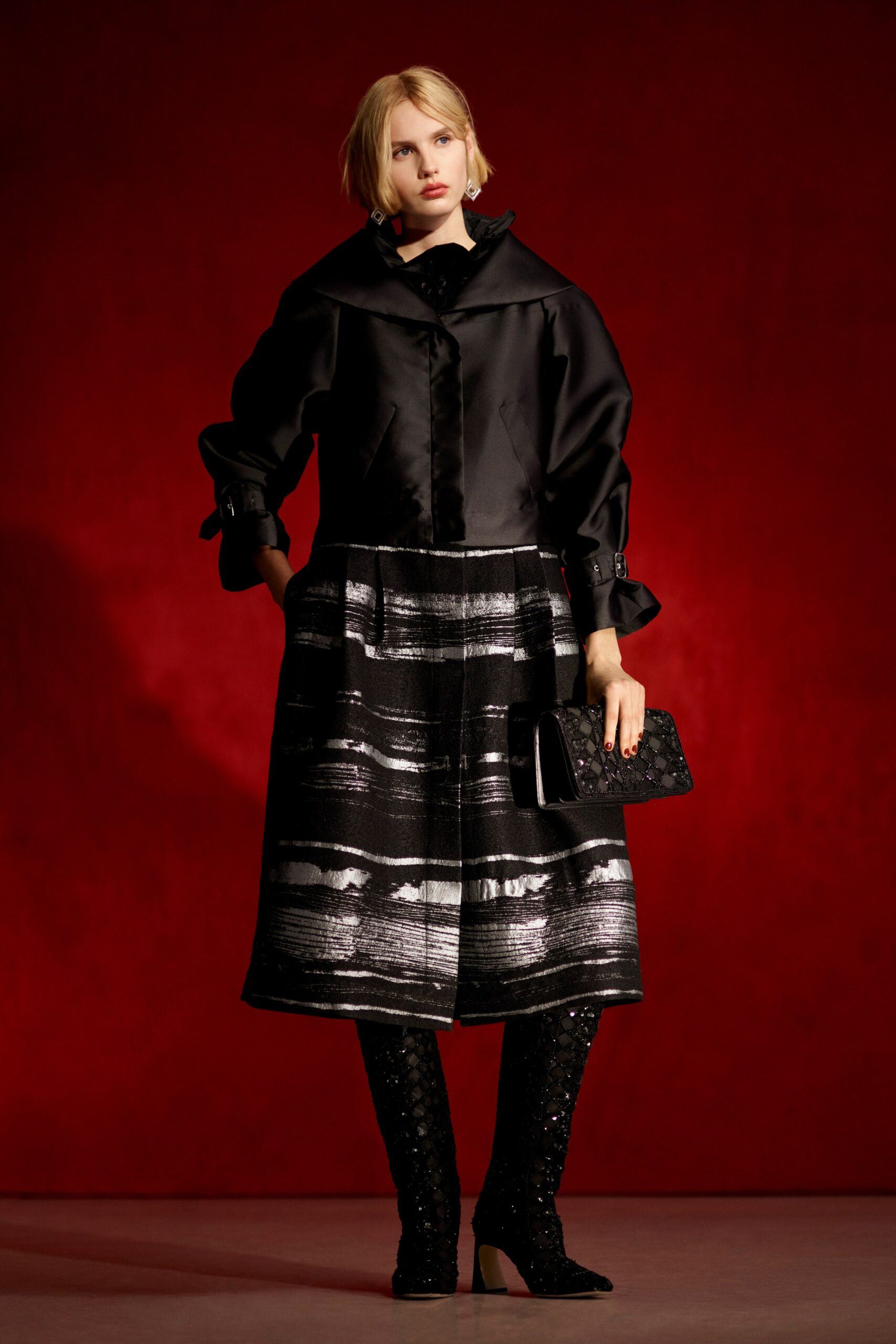 black and white silk coat and skirt