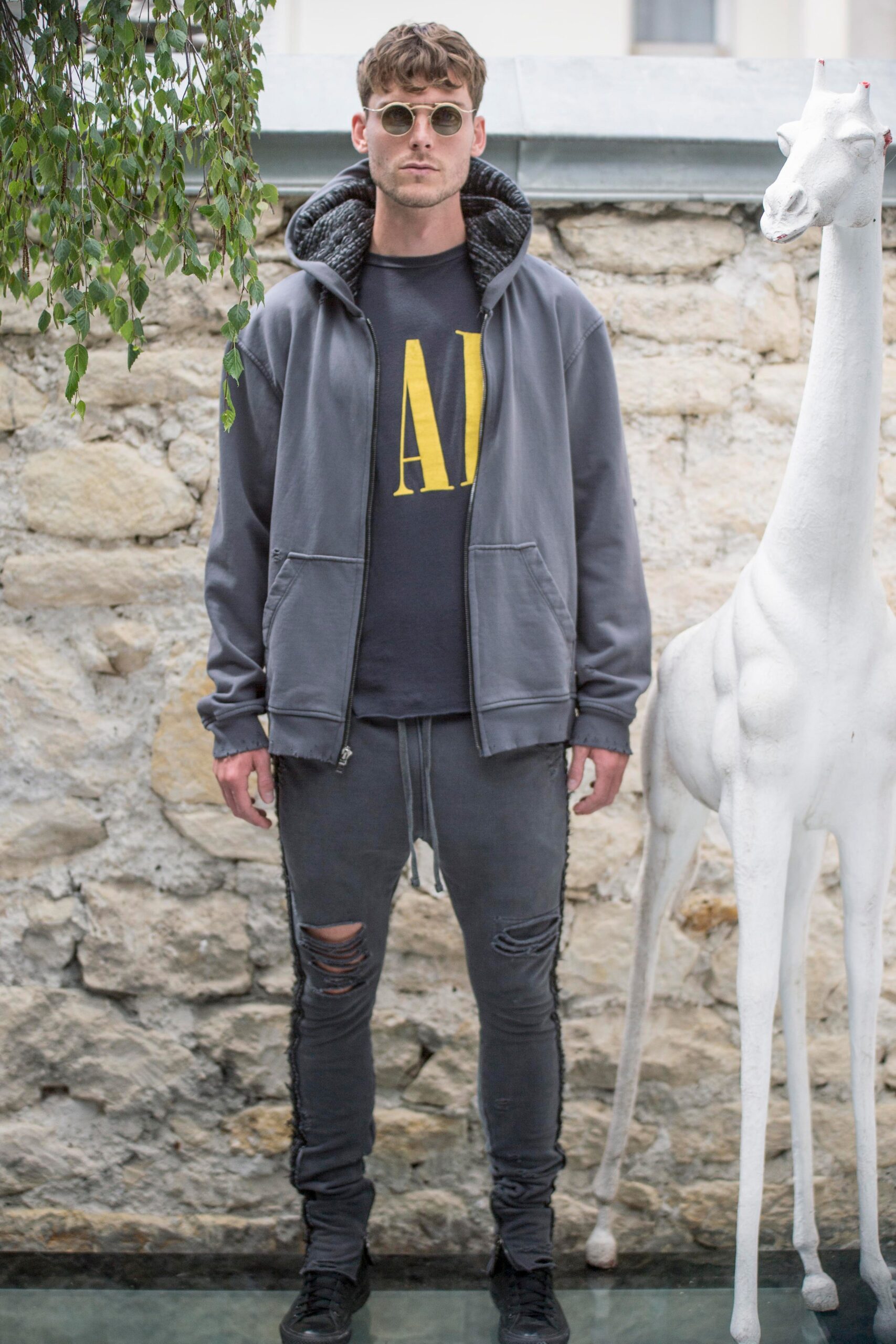 gray hoodie with black t-shirt