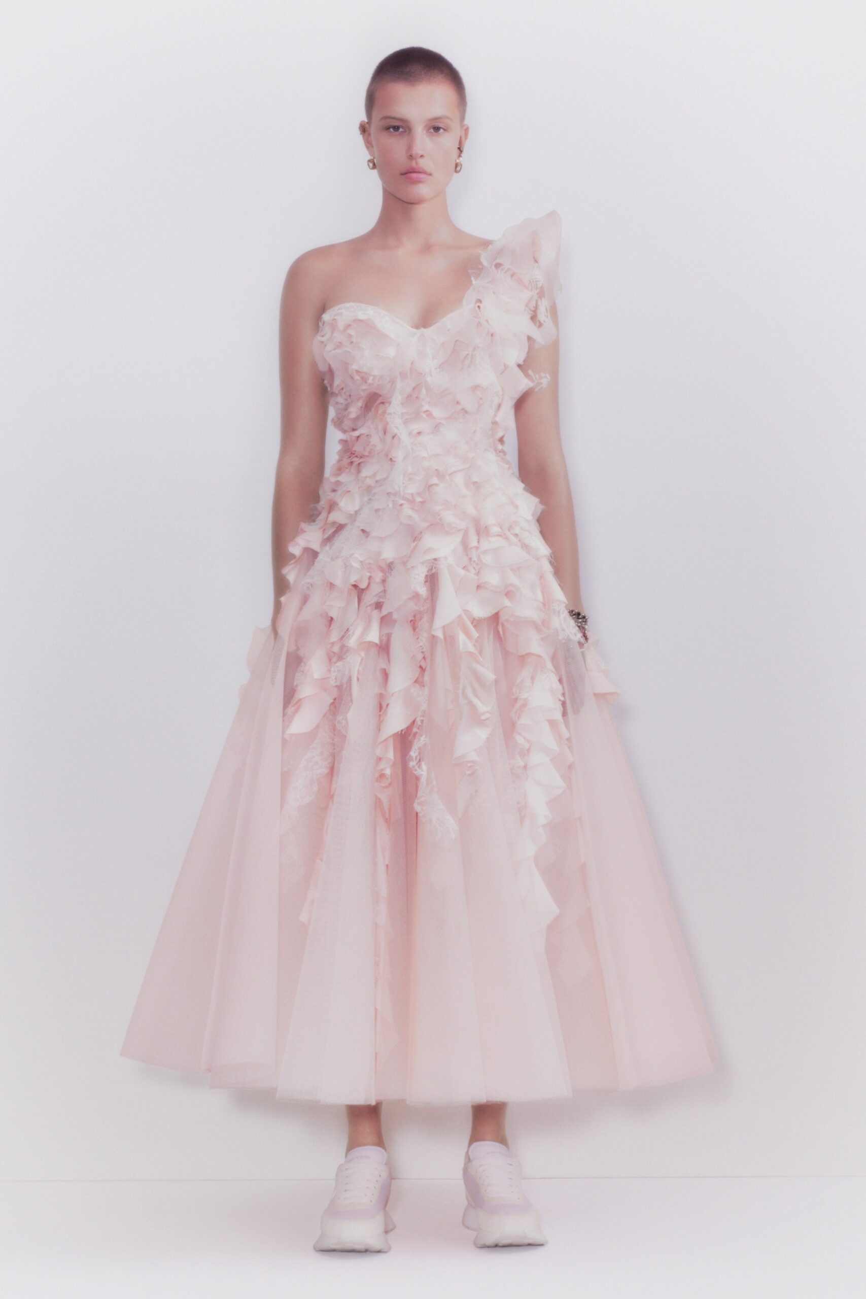pink tulle sleeveless strapless fitted ruffled tiered gown