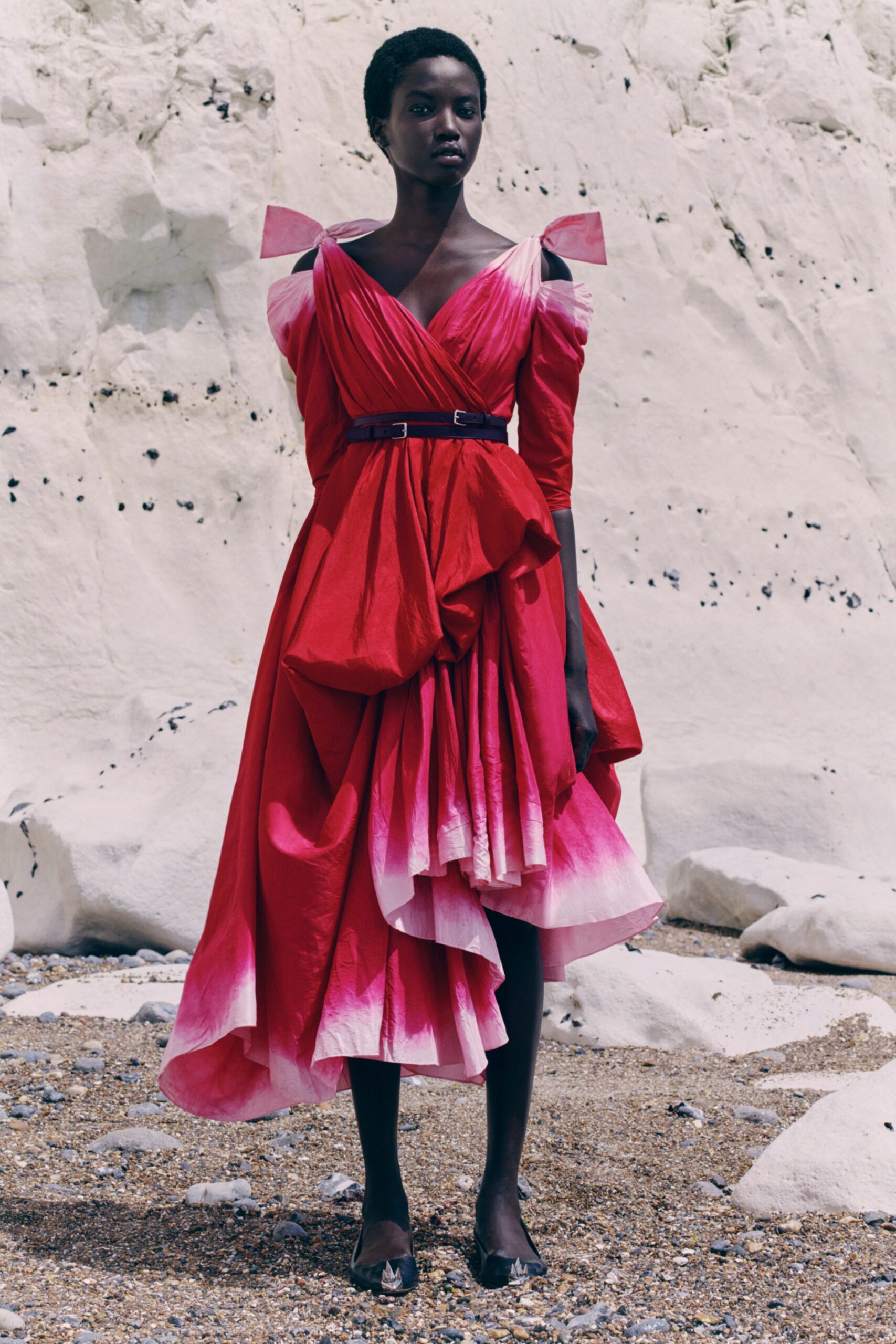 red pink silk draped midi dress