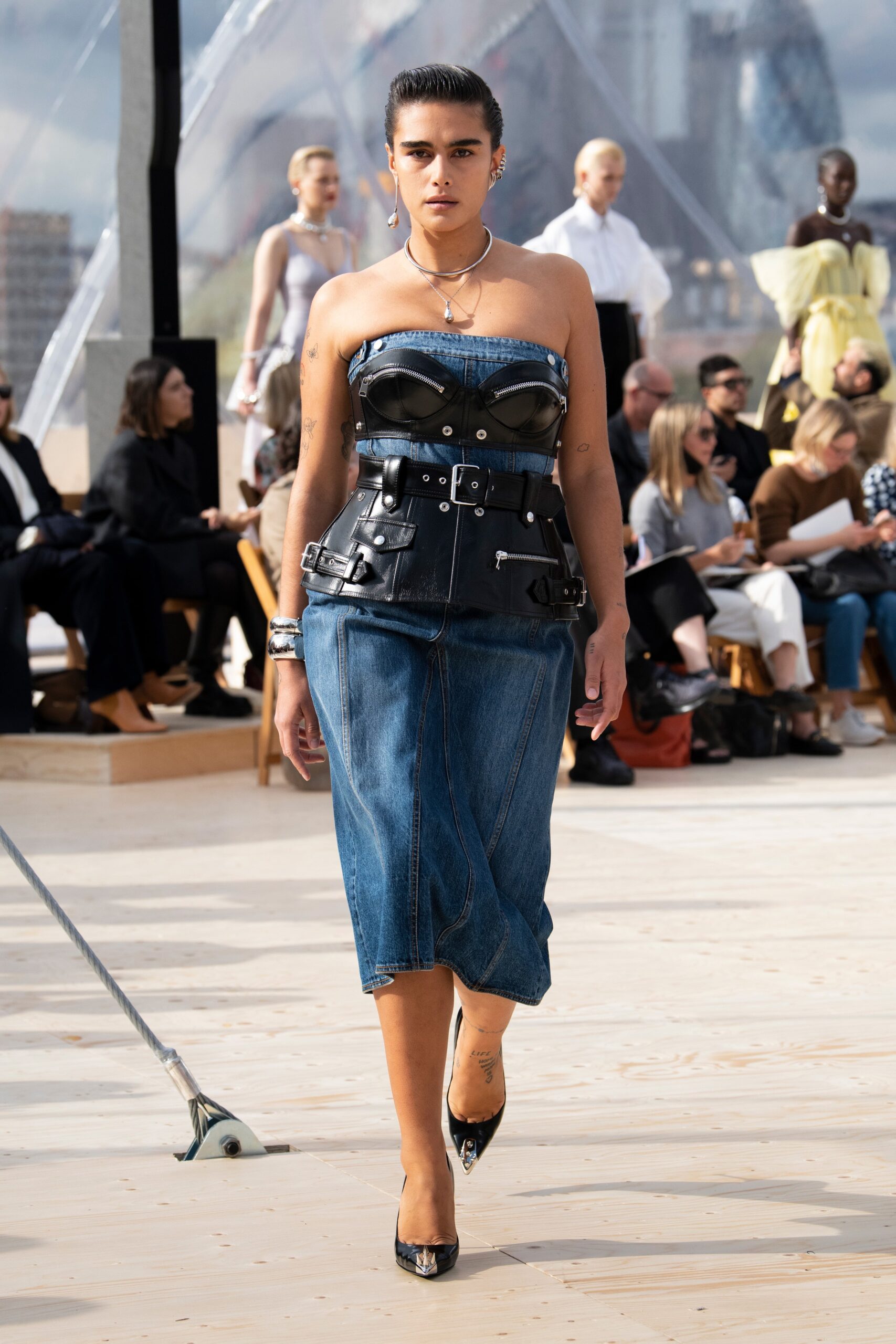 blue denim midi dress with black leather corset