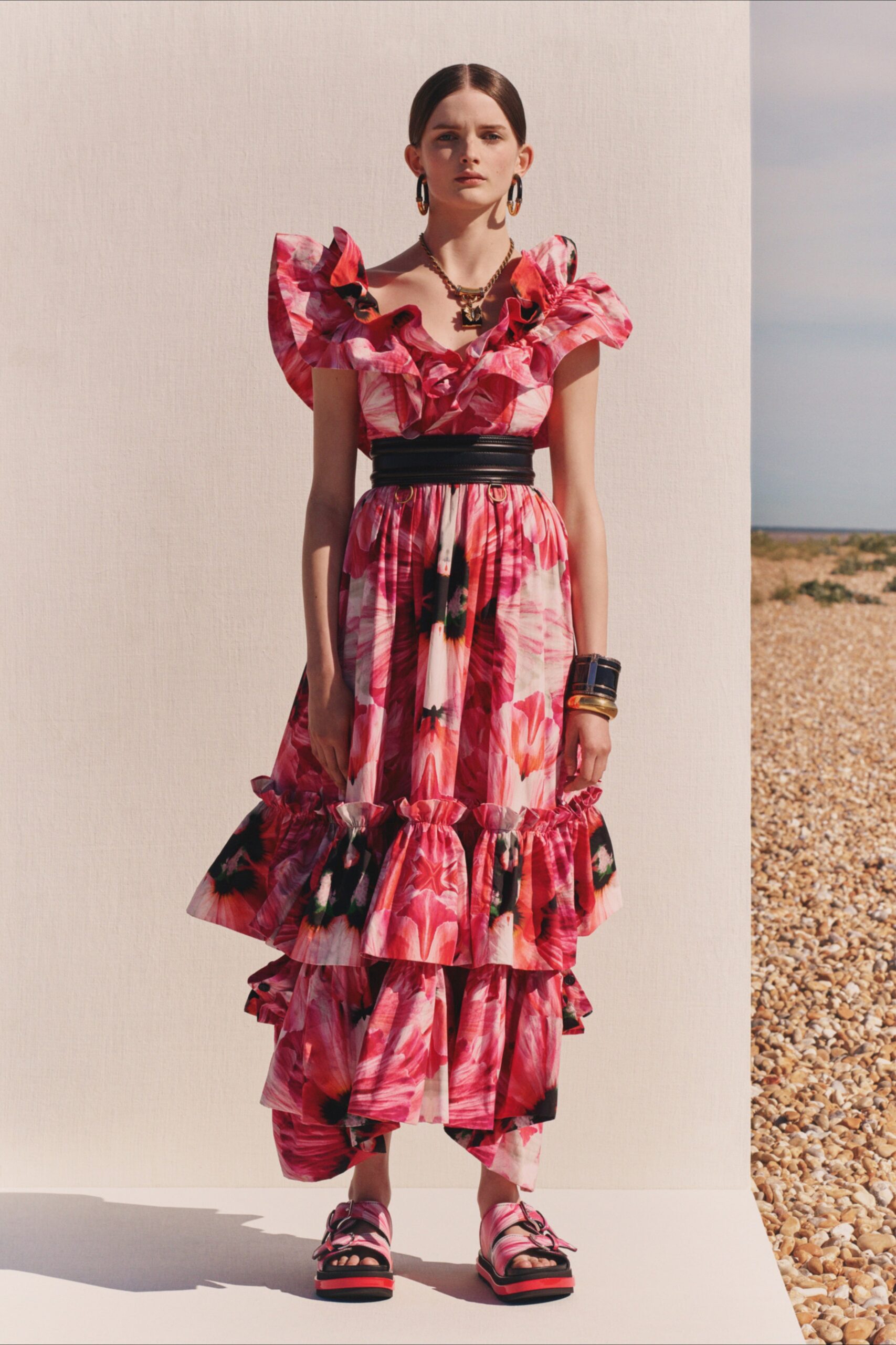 pink ruffled midi dress