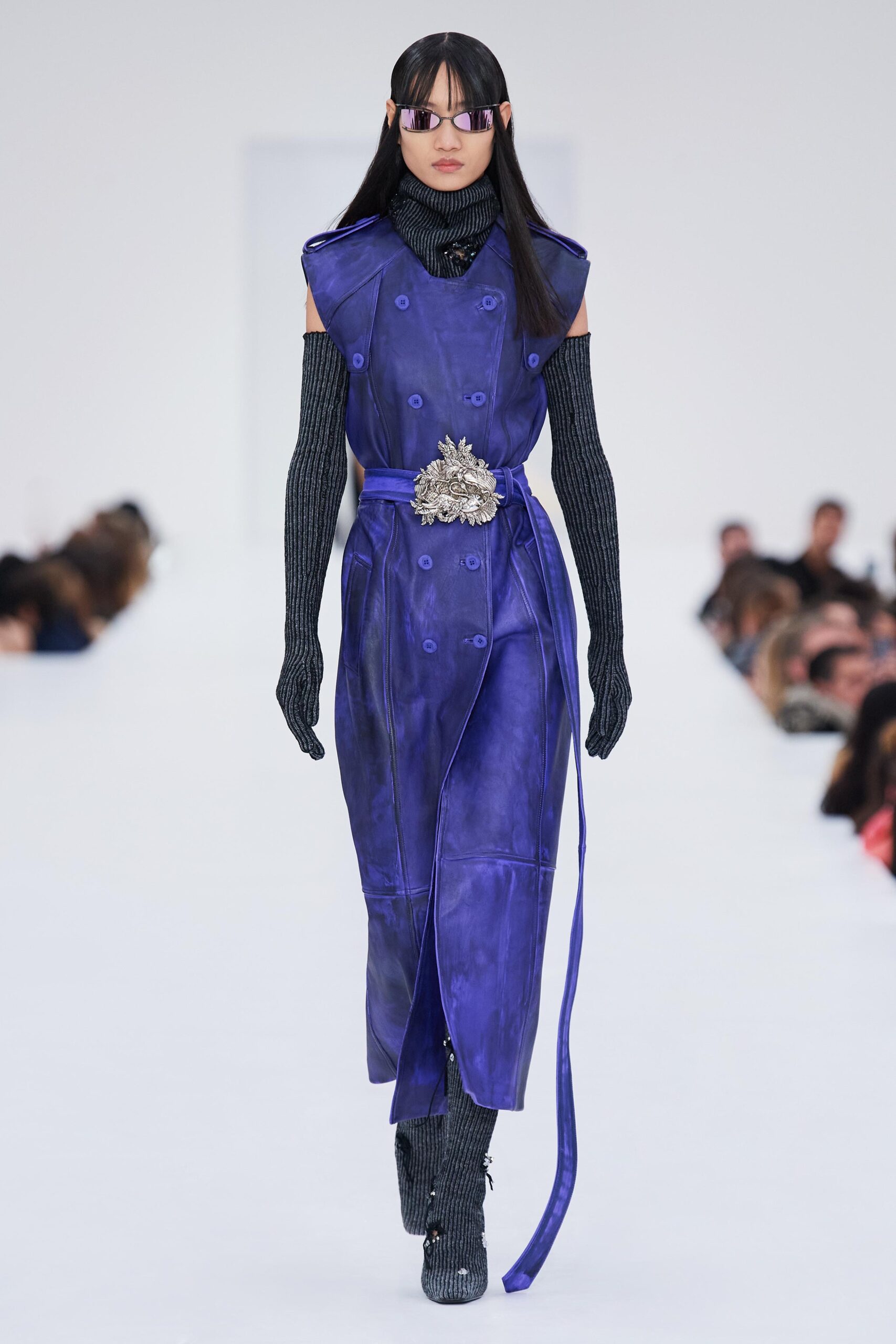 purple leather belted dress