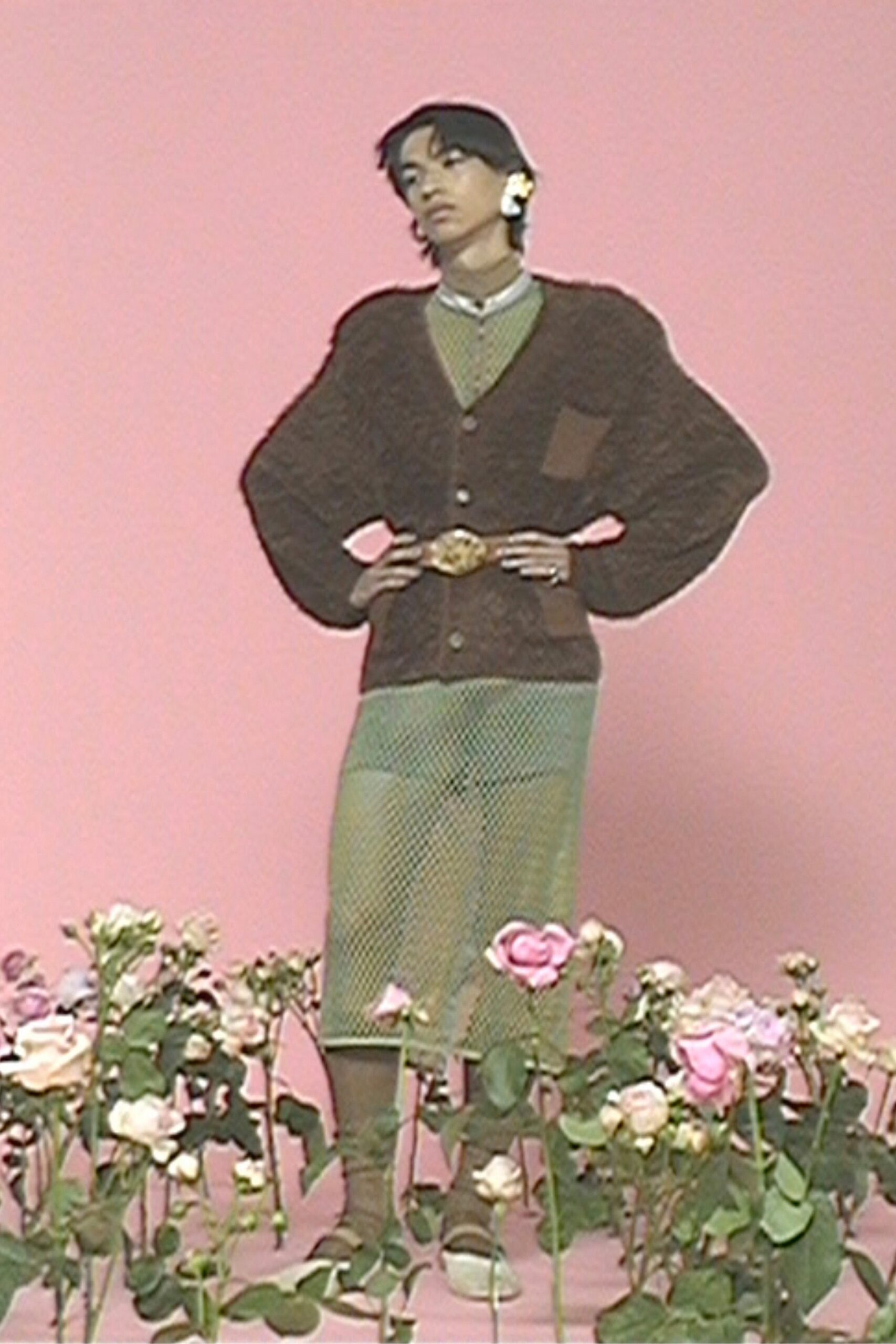 brown wool cardigan and green mesh skirt