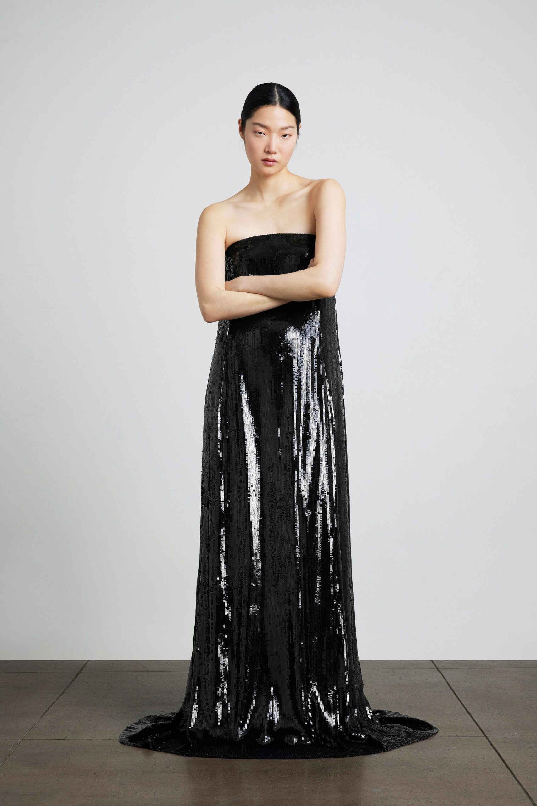 black sequin strapless gown