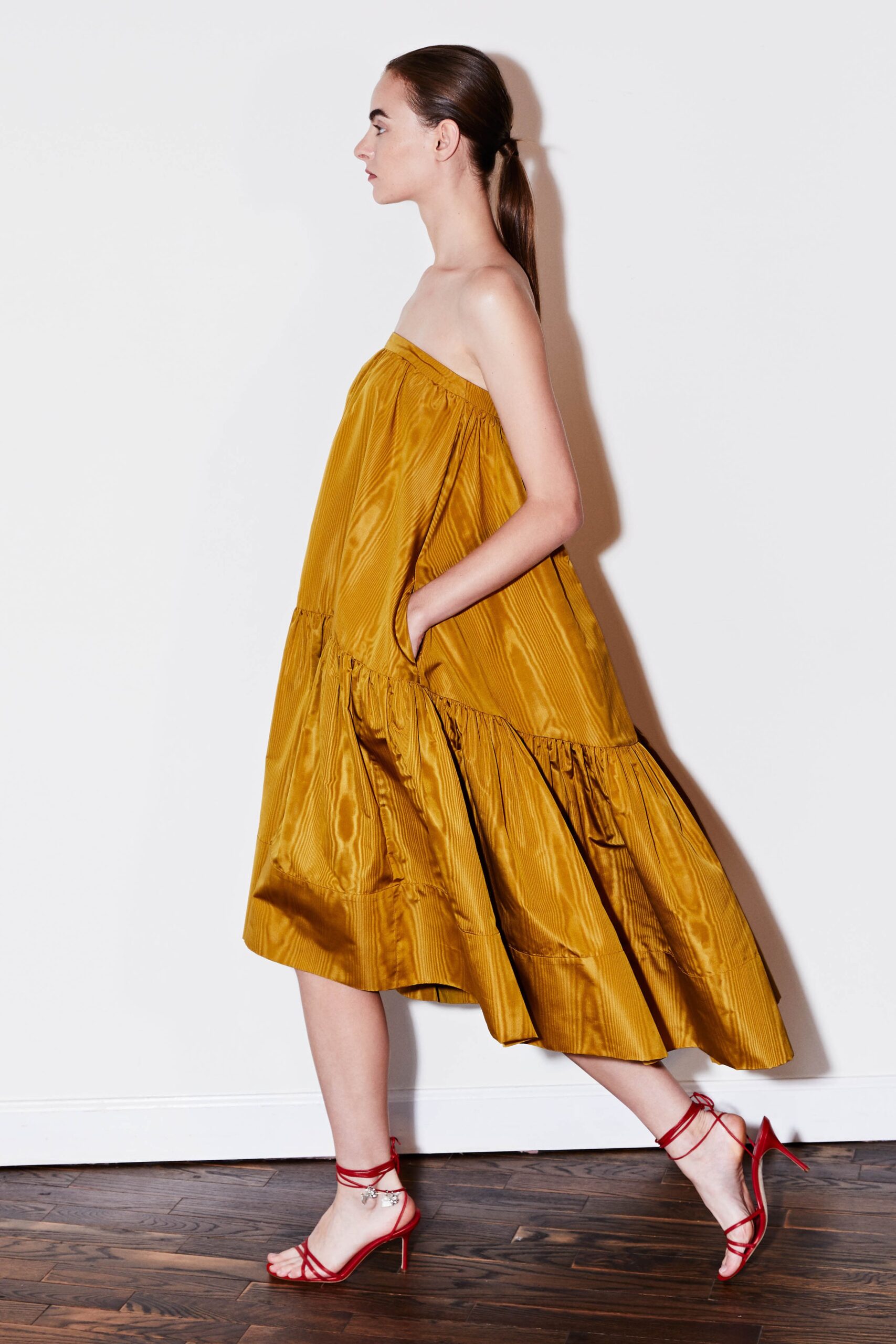 yellow tiered strapless dress