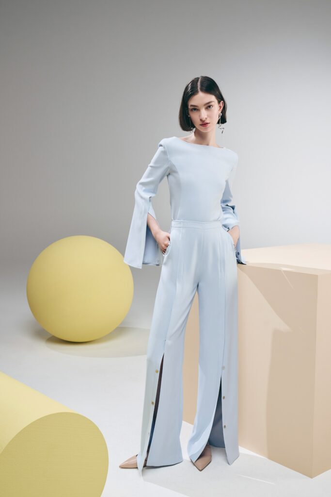 blue silk fitted jumpsuit