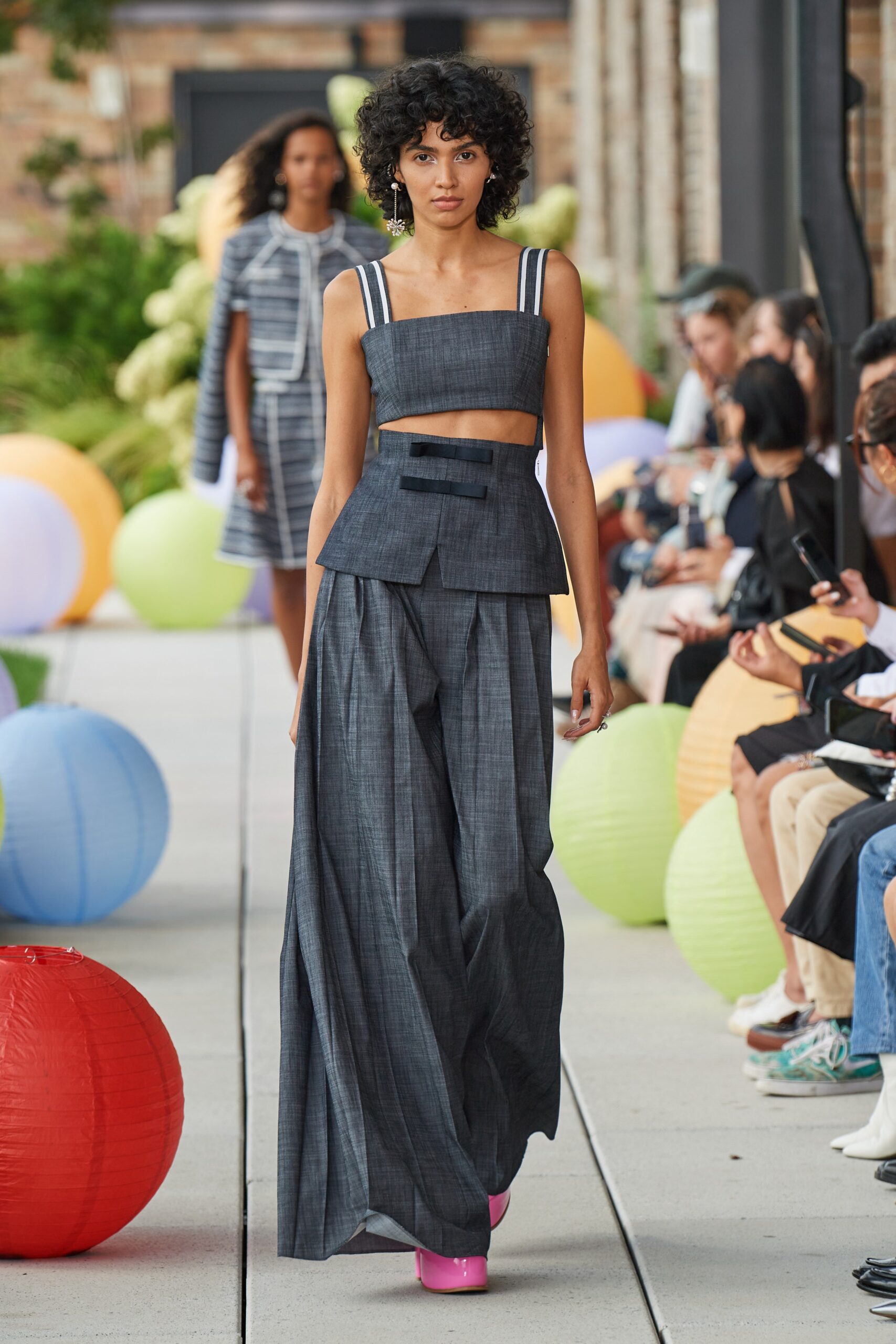 gray fitted top and relaxed pants