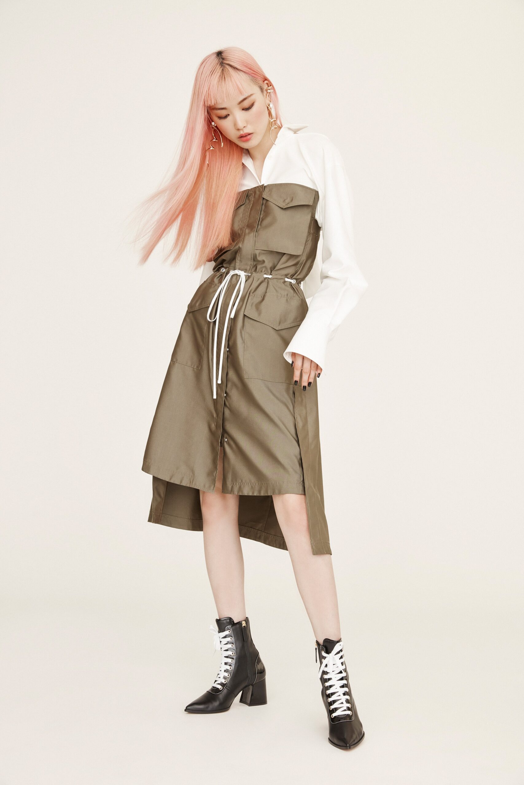 green silk midi dress with boots