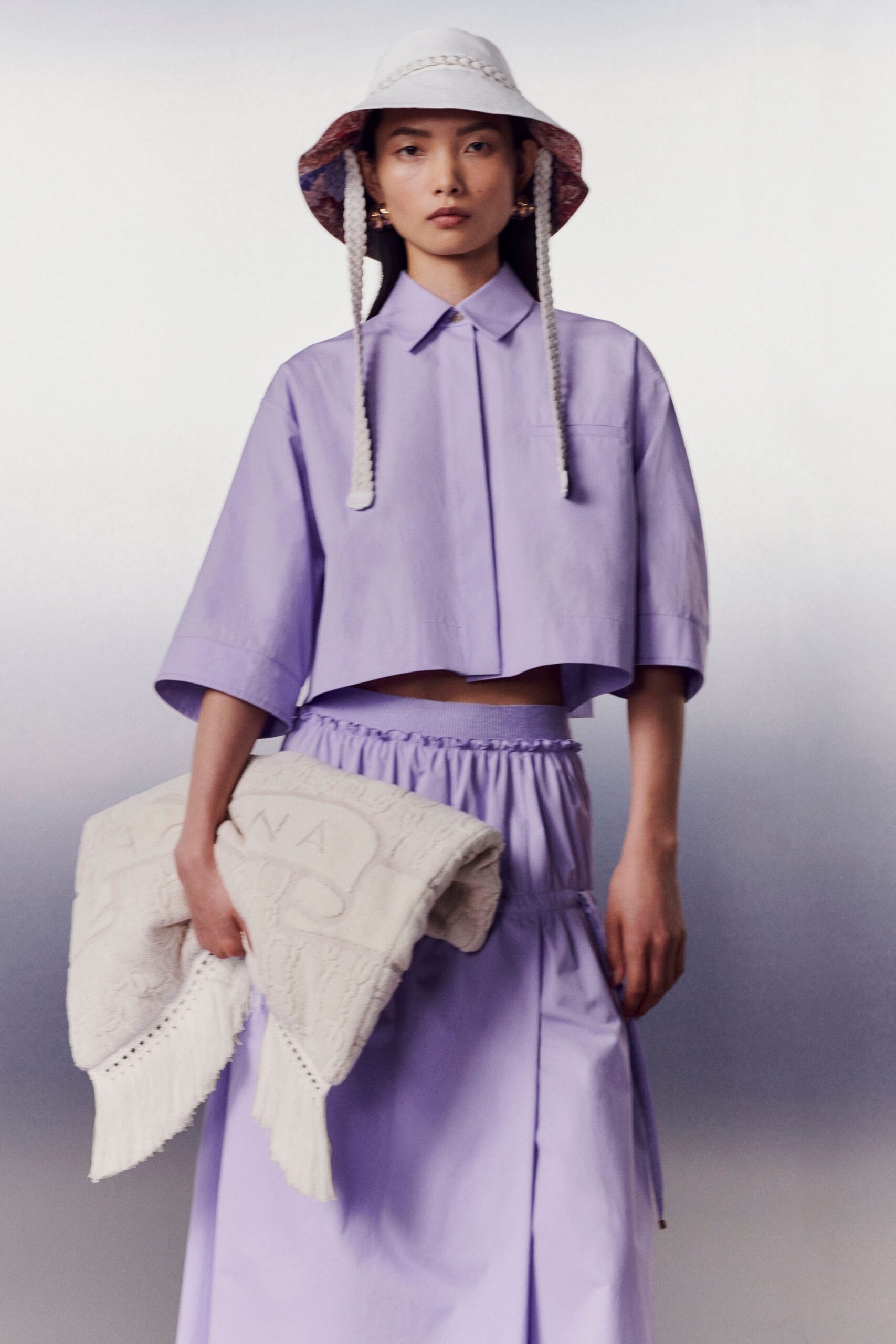 purple cropped top and midi skirt