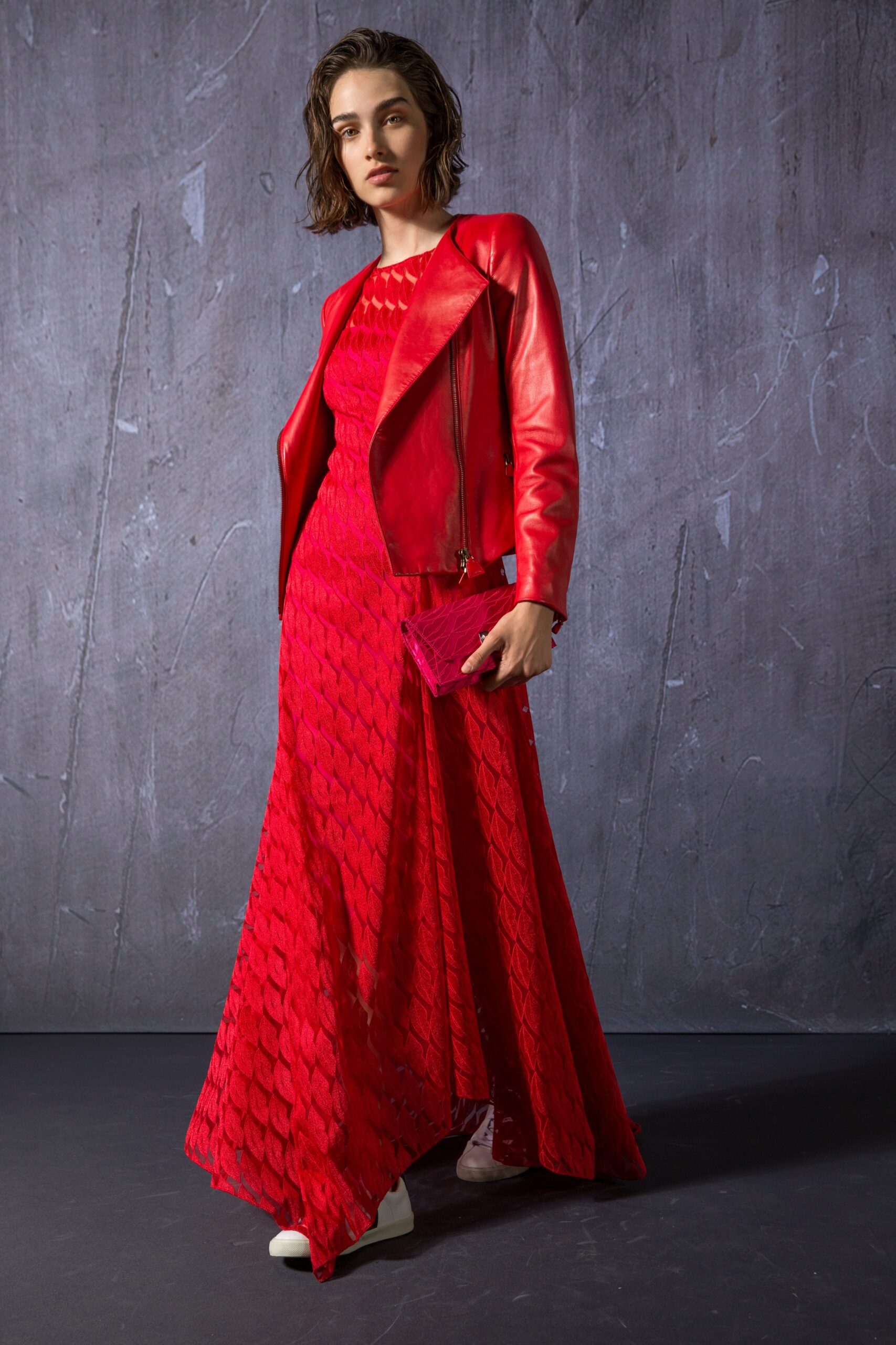red silk gown with leather jacket