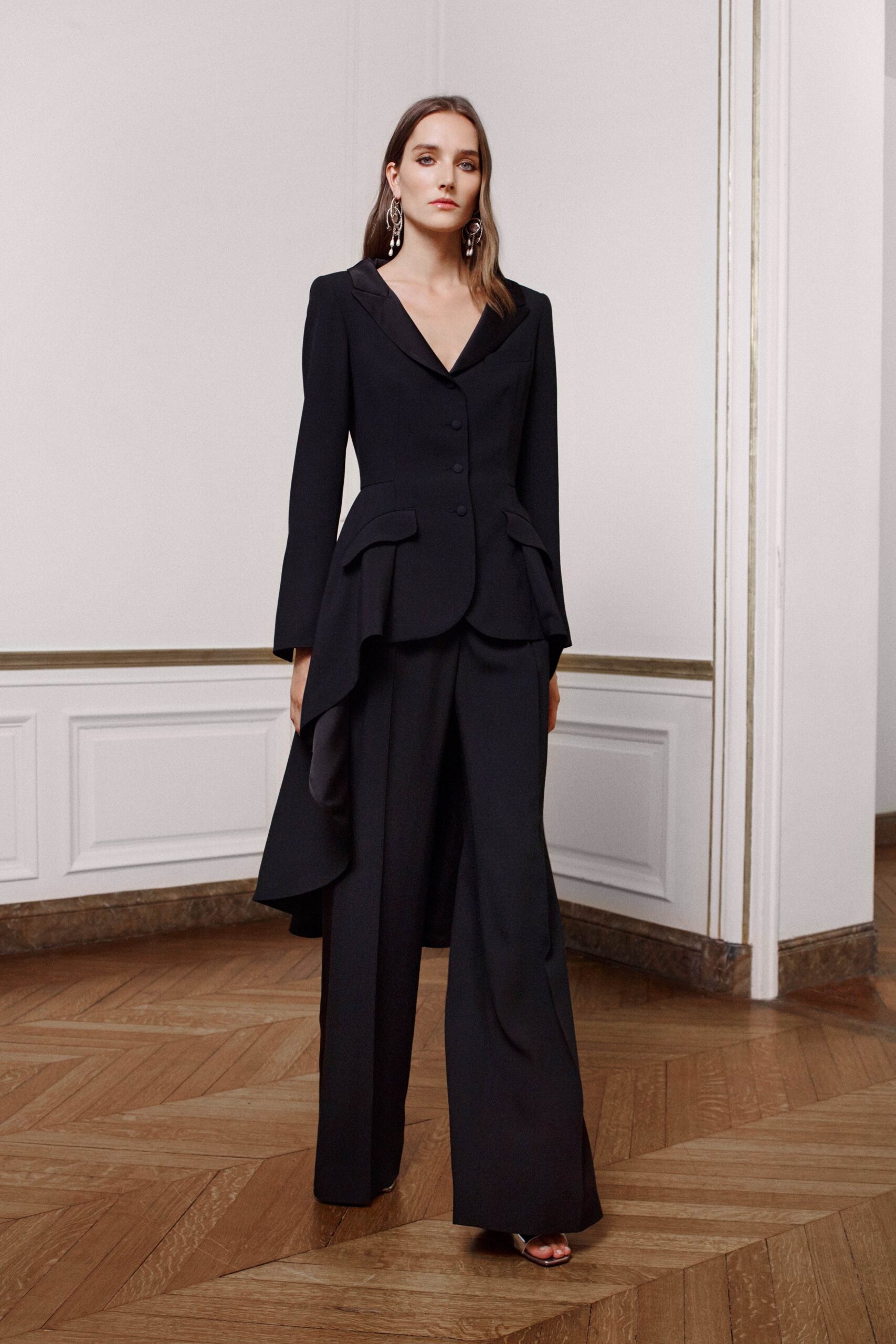 black wool long-sleeve v-neck tailored buttoned layered blazer