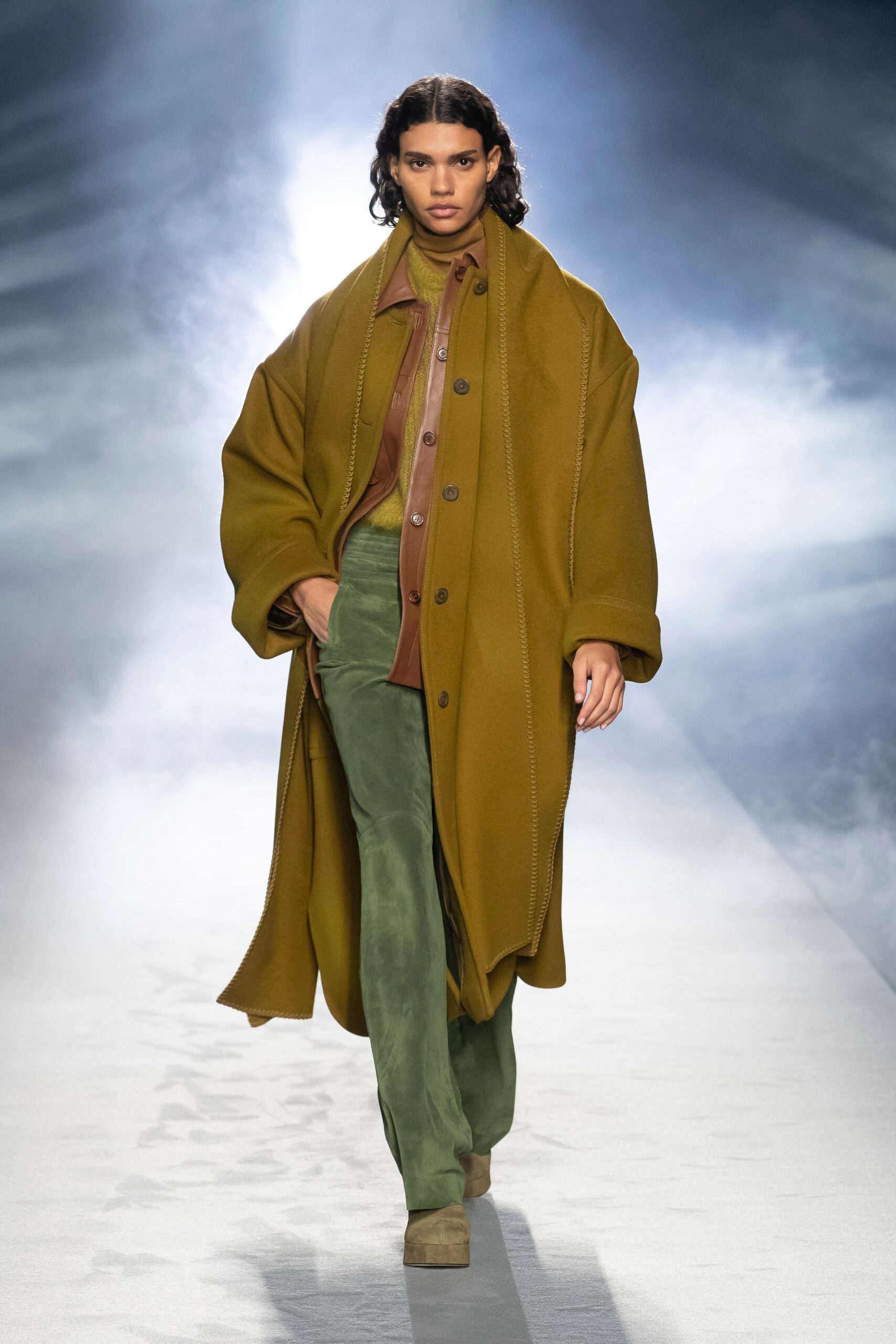 green suede fitted straight-leg pants